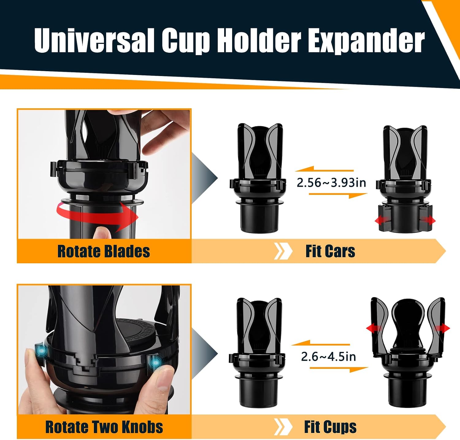 Veharvim Car Cup Holder Expander for Car (Adjustable Adapter and Holder), Compatible with Hydro Flask, Yeti, Nalgene 10~50 oz. Other Bottles in 2.6"- 4.5", Universal for Cylindrical Car Cup Holder