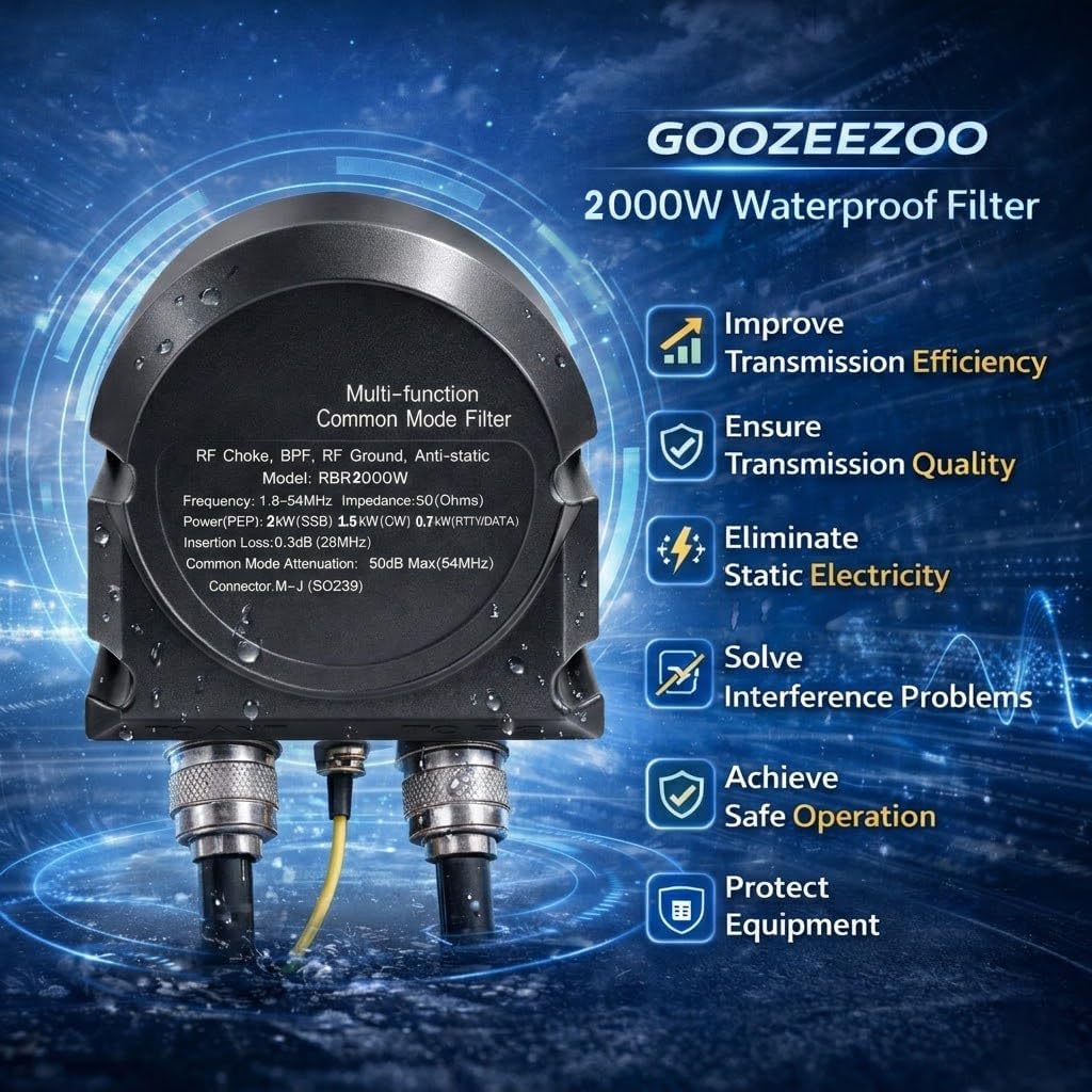 RBR2000W High-Power 2000W Common Mode Filter, 1.8-54MHz Waterproof RFI Reduction Choke & RF Ground, 3-in-1 Band-Pass Filter for Amateur Radio Outdoor/Indoor Use