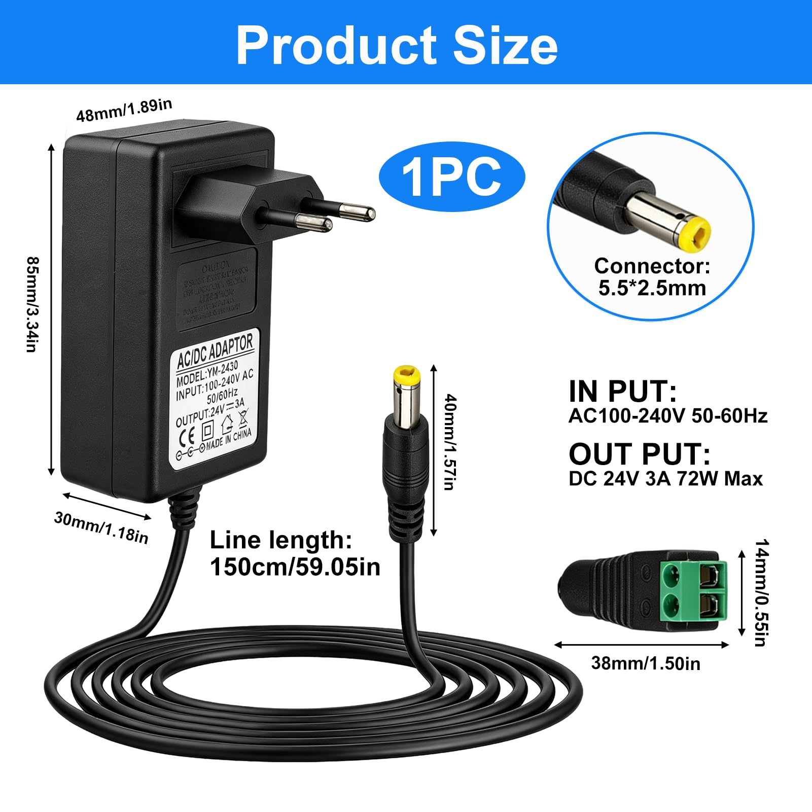 24V 3A Netzteil 72W Adapter, Steckernetzteil AC 100-240V auf DC 24V, LED Trafo Transformator mit 5.5x2.5mm Ausgang EU Stecker für LED Streifen, COB Strips, CCTV Kameras, Router, Schwarz