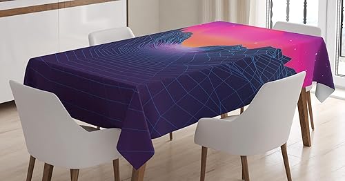 Miniatura 4 de Ambesonne Synthwave Tablecloth, 80's Artwork Illustration of Grid Mountains and Sun Ombre Sky, Rectangular Table Cover for Dining Room Kitchen