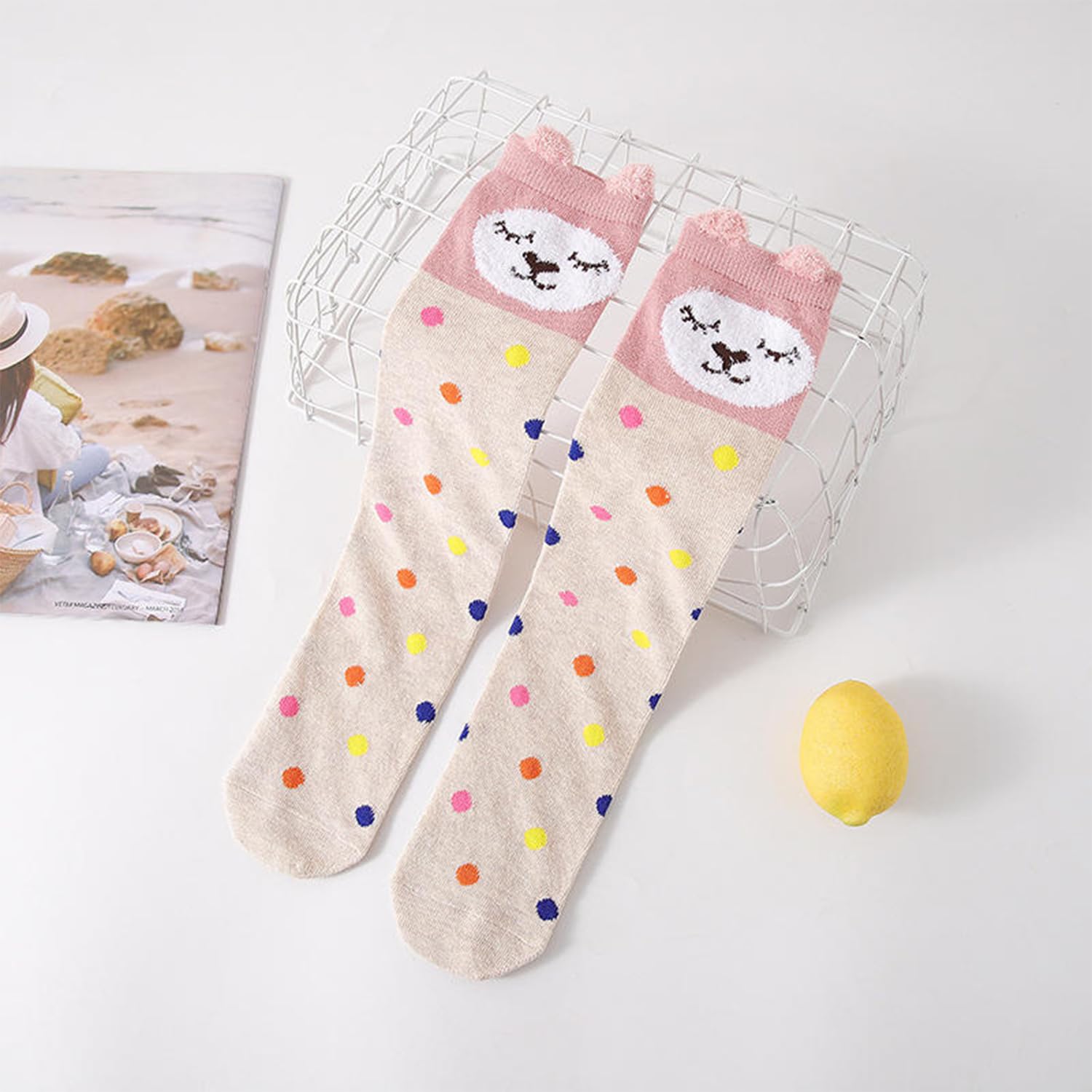 MOMISY 1 Pair of Baby Spring Winter And Autumn Combed Cotton Long Tube Knee-High Socks Suitable Age of 3 to 12 Years (PolkaBear, 3-12Y) 3