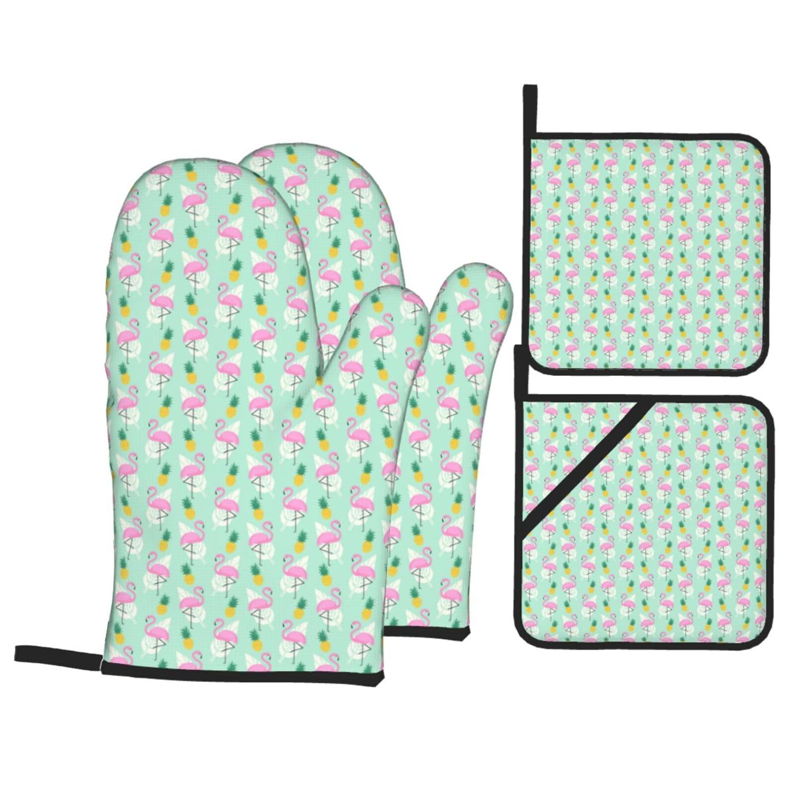 Red Flamingo Pineapples Print Stylish Heat-Resistant Oven 4-Piece Set Kitchen Gloves Roasting Daily Cooking