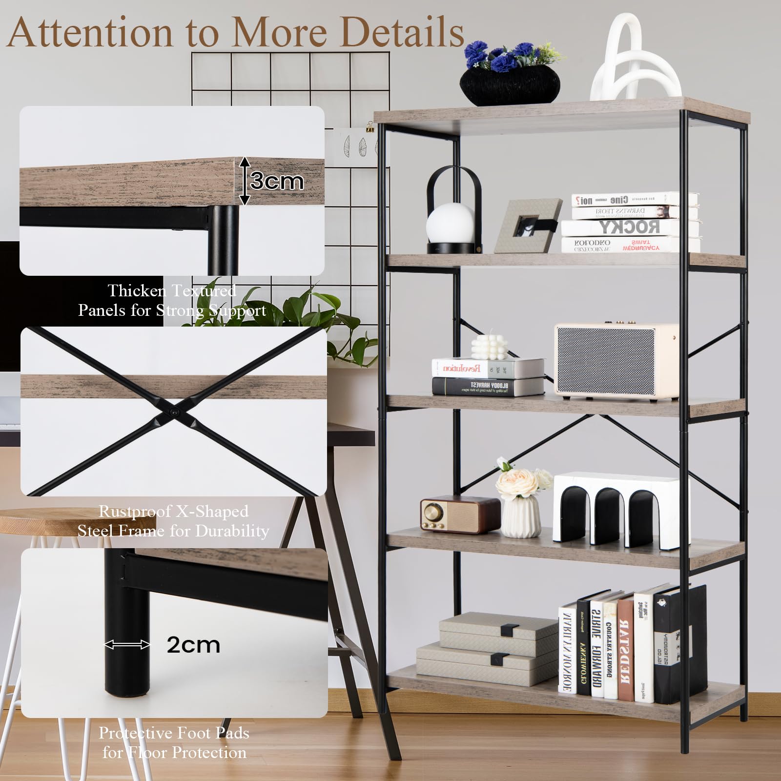 HOMASIS Librería con 5 niveles, estantería independiente con estructura metálica, cada estante puede soportar hasta 20 kg, para salón, dormitorio, estudio, 79 x 35 x 160 cm, diseño industrial (Gris)