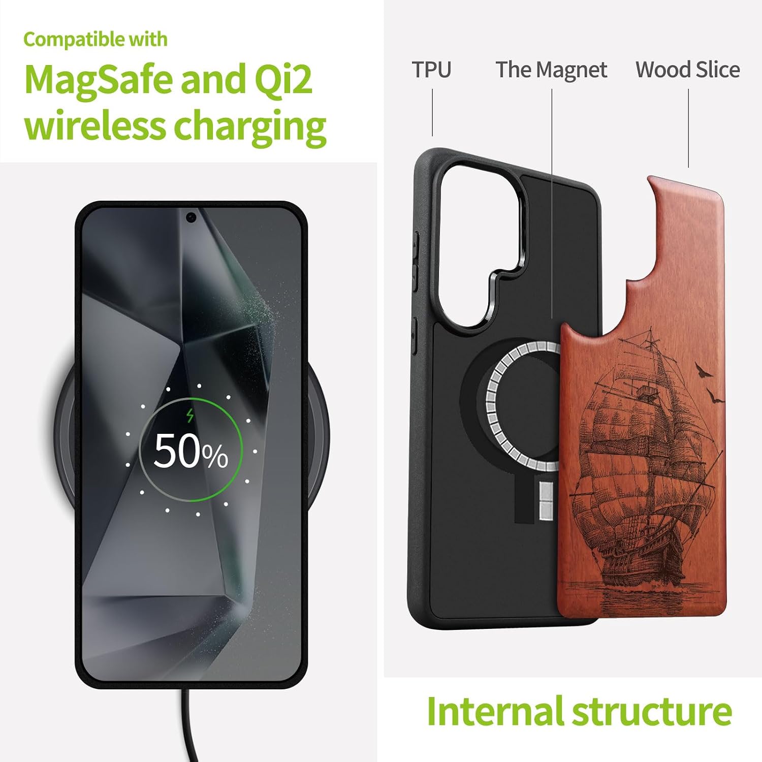 Carveit Magnetic Wooden Case for Samsung Galaxy S26 Ultra Case 2026, TPU Shockproof Cover & Wood Artisan Engraved, Compatible with MagSafe Wireless Chargers (Sailboat on The Sea) Rosy