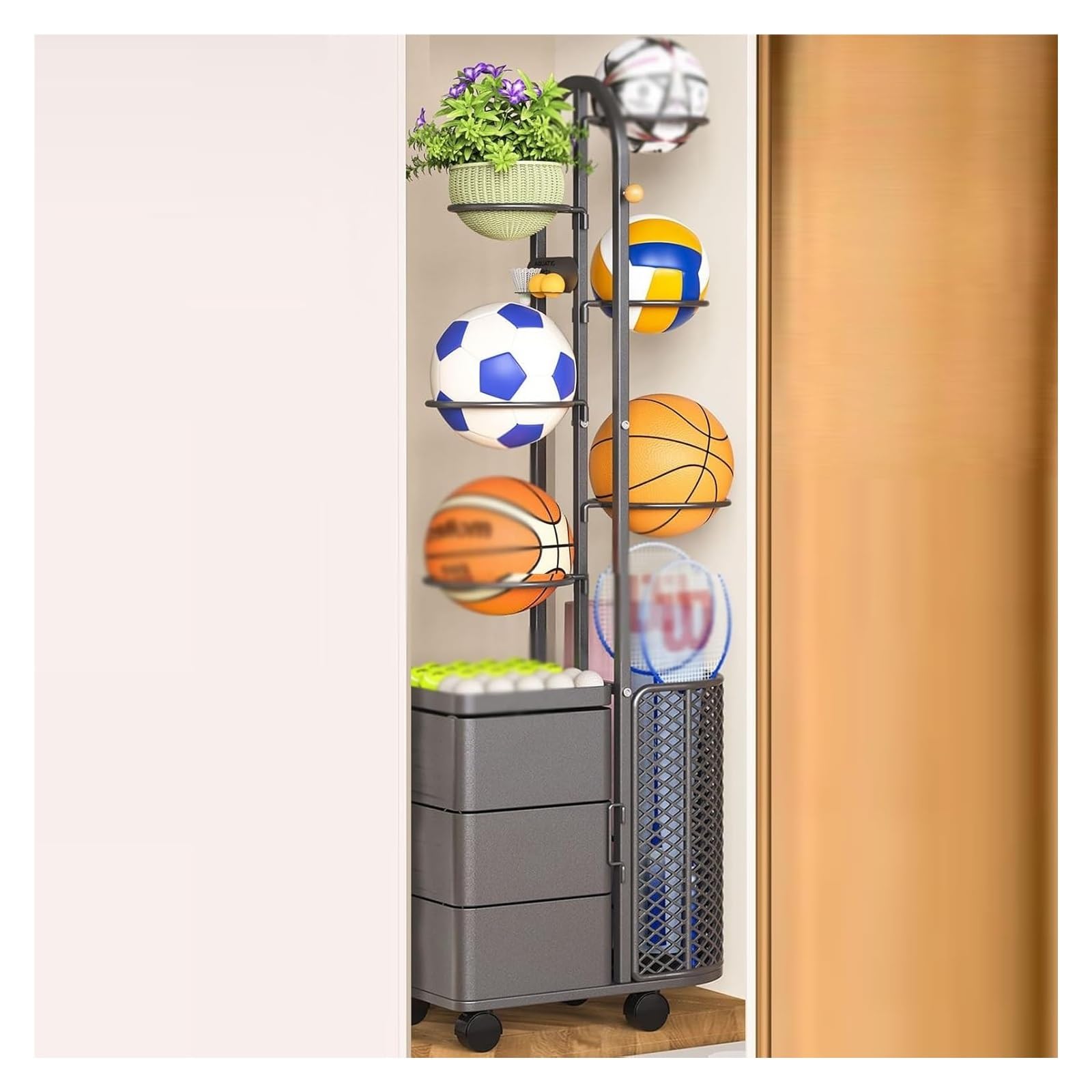 Rastrelliera for Racchette da Tennis, Espositore mobile for racchette da badminton, cestino for palline rimovibile, for basket e badminton