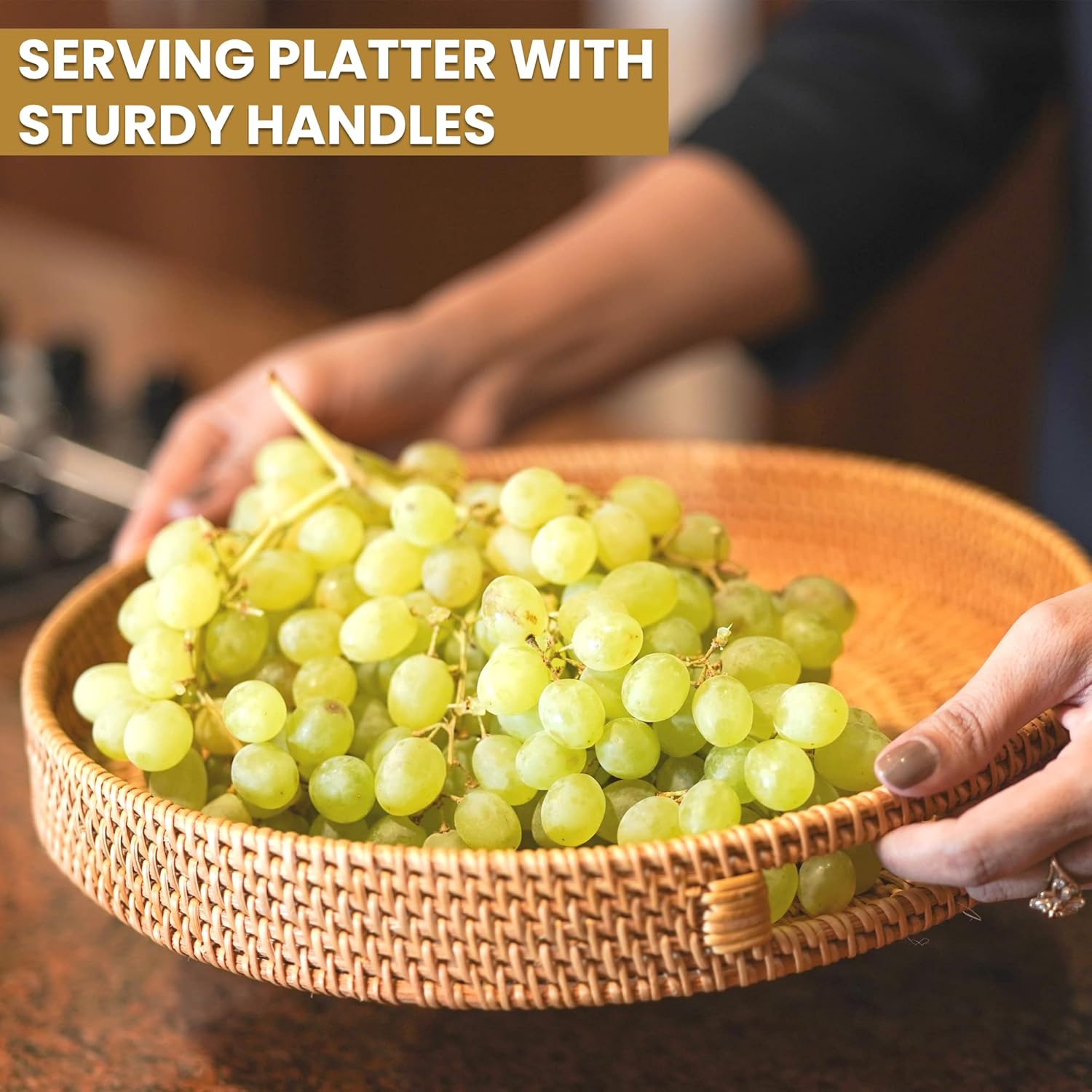 HOMESSENT Round Rattan Tray - Natural Rustic & Sturdy Wicker Tray with Cut-Out Handles - Hand Woven Tray for Storage & Decoration – Lightweight Tray for Serving Coffee, Fruits & Drinks (Set of 2: M+L) : Home & Kitchen