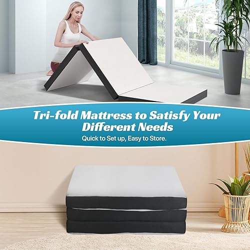 Miniatura 3 de Dkelincs Colchón plegable de espuma viscoelástica triple de 3 pulgadas, portátil, plegable, para campamento, invitados, yoga, blanco (tamaño