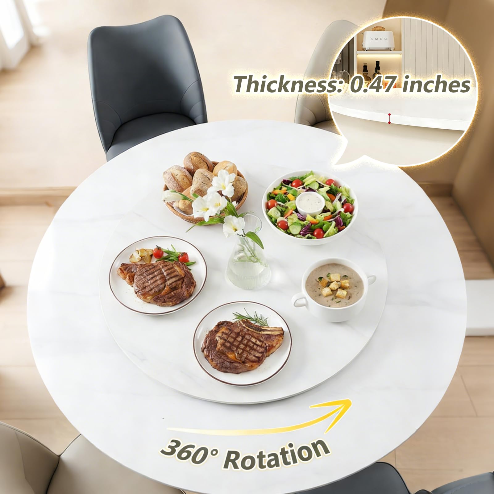 Bandeja de servir de mármol multicolor de 61 cm, giratoria silenciosa de 360°, centro de mesa antideslizante para mesa de comedor y entretenimiento al aire libre, perfecto para fiestas y reuniones