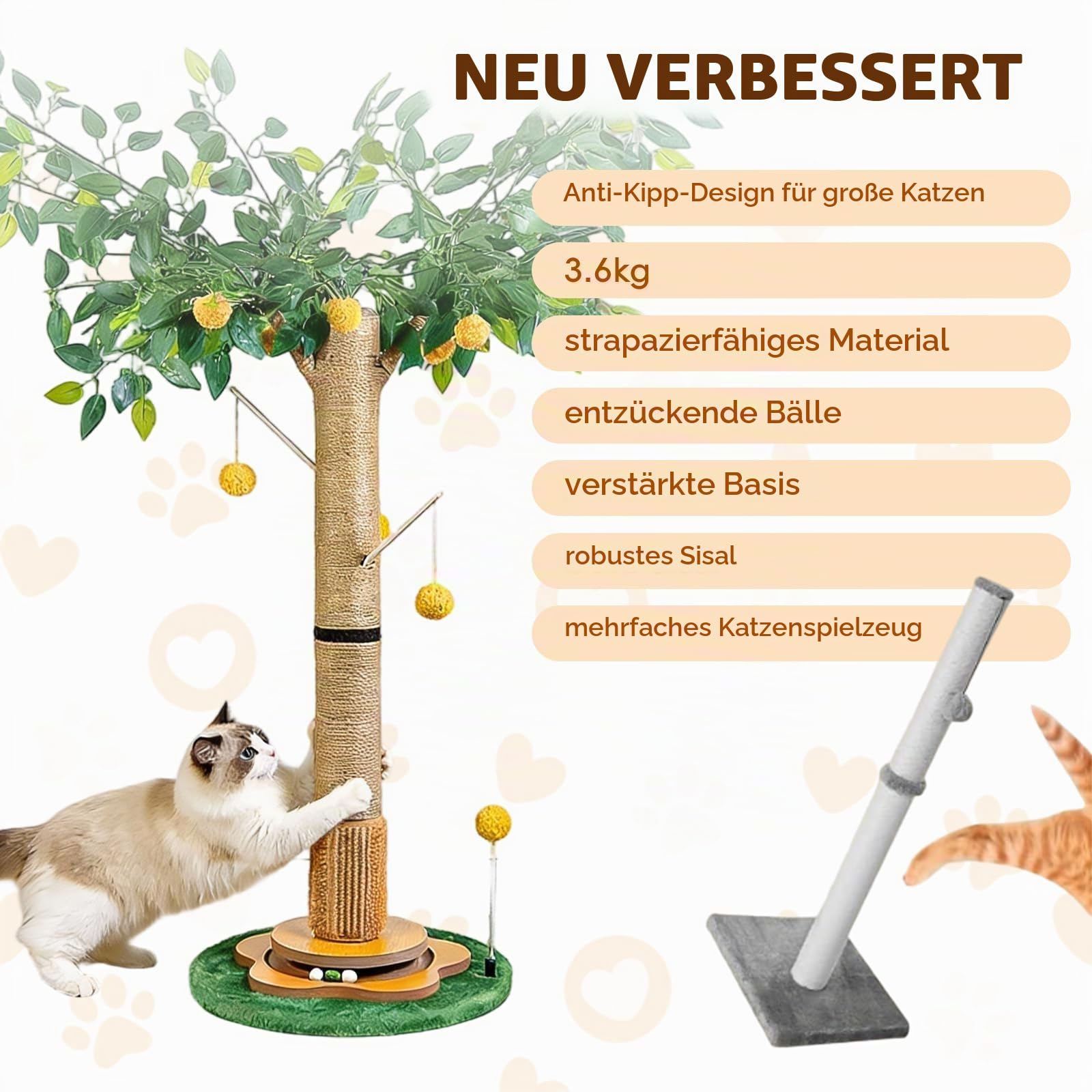 Kratzbaum für Katzen Kratzstamm mit Premium-Sisalseil Kratzsäul interaktiven baumelnden Bällen Spielzeug für Indoor Katzenkratzbaum Kätzchen und Katzen