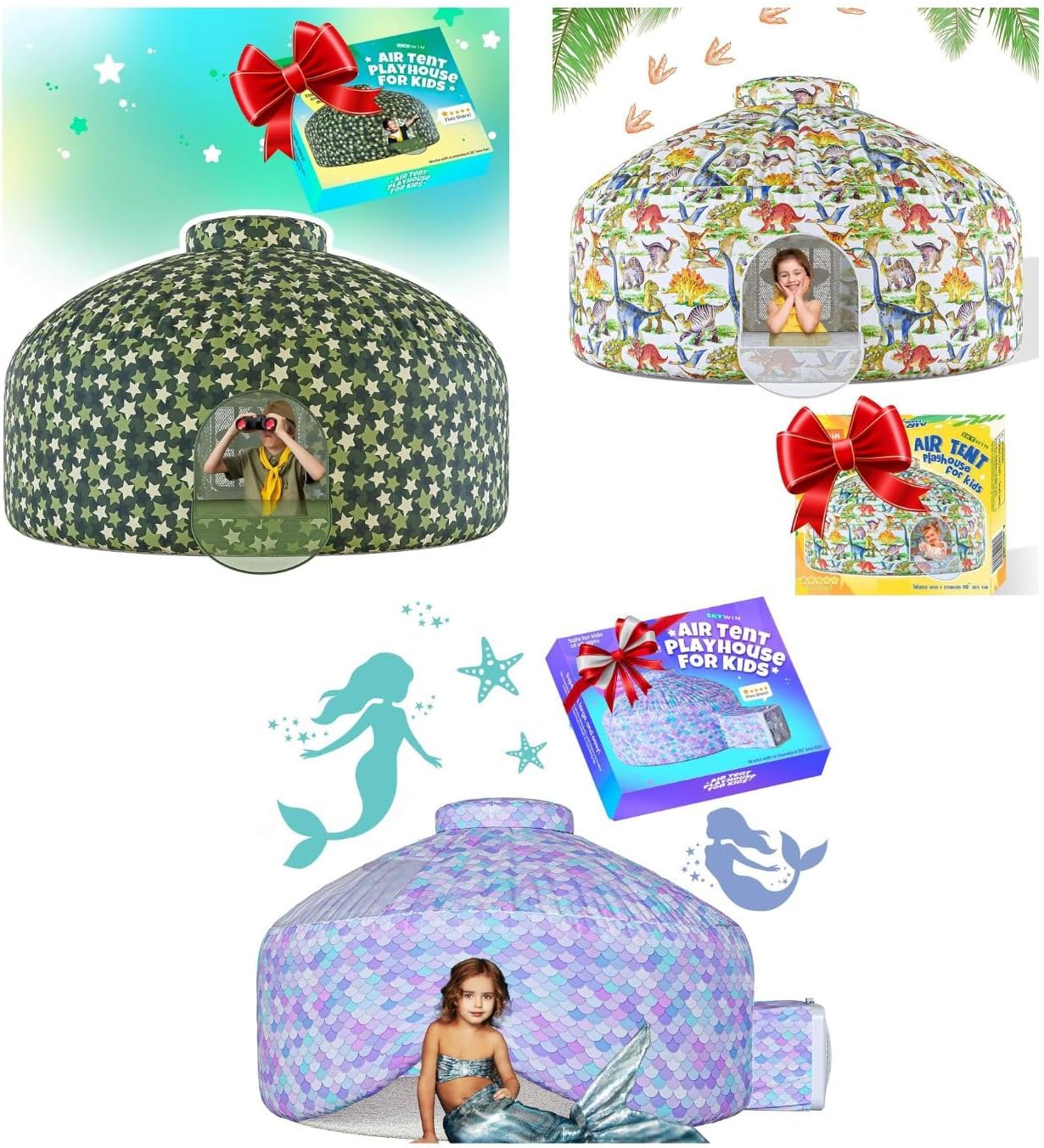 Skywin- Air Tent Playhouse for Kids (Mermaid+ Dinosaur+ Camo Star) -77x50 Inches Inflatable Kids Tent Sets Up and Stores Away in Seconds, Fan NOT Included