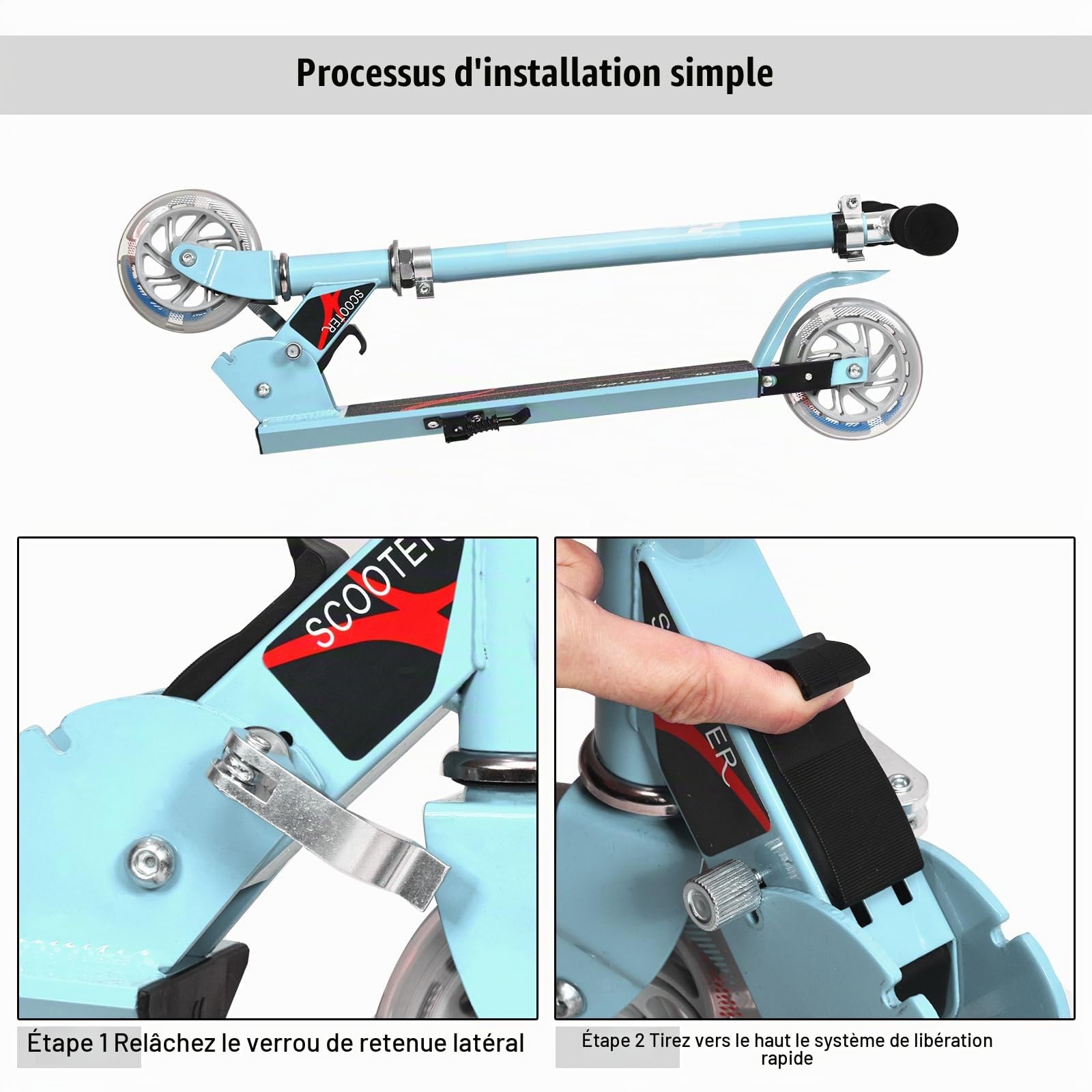 KOMFOTTEU Trottinette Enfant avec 2 roulettes, LED et Frein, Planche à roulettes Pliabl, Hauteurs réglables 63-85 cm, Scooter en Aluminium, Charge jusqu'à 70 kg, Enfants Plus de 4 Ans