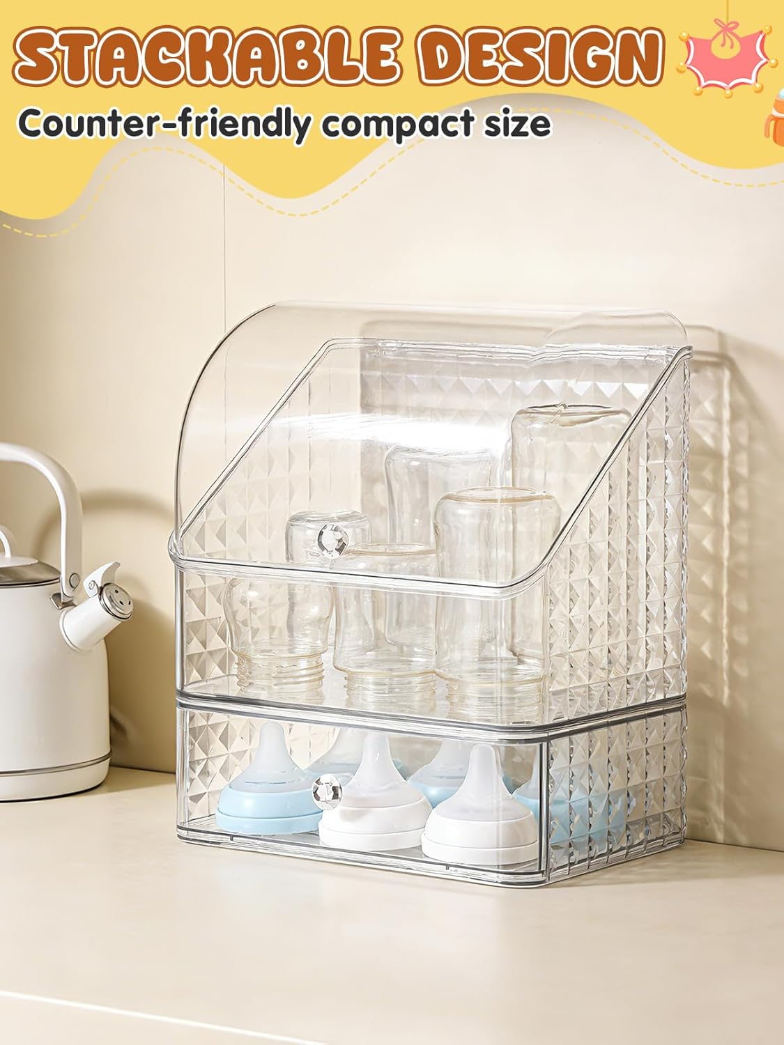 Flip-top Baby Bottle Organizer for 6 to 8 Bottles - Easy to Access, Space-Saving Clear Stackable Storage Drawers Baby Bottle Station for Kitchen Countertop Cabinet Nursery