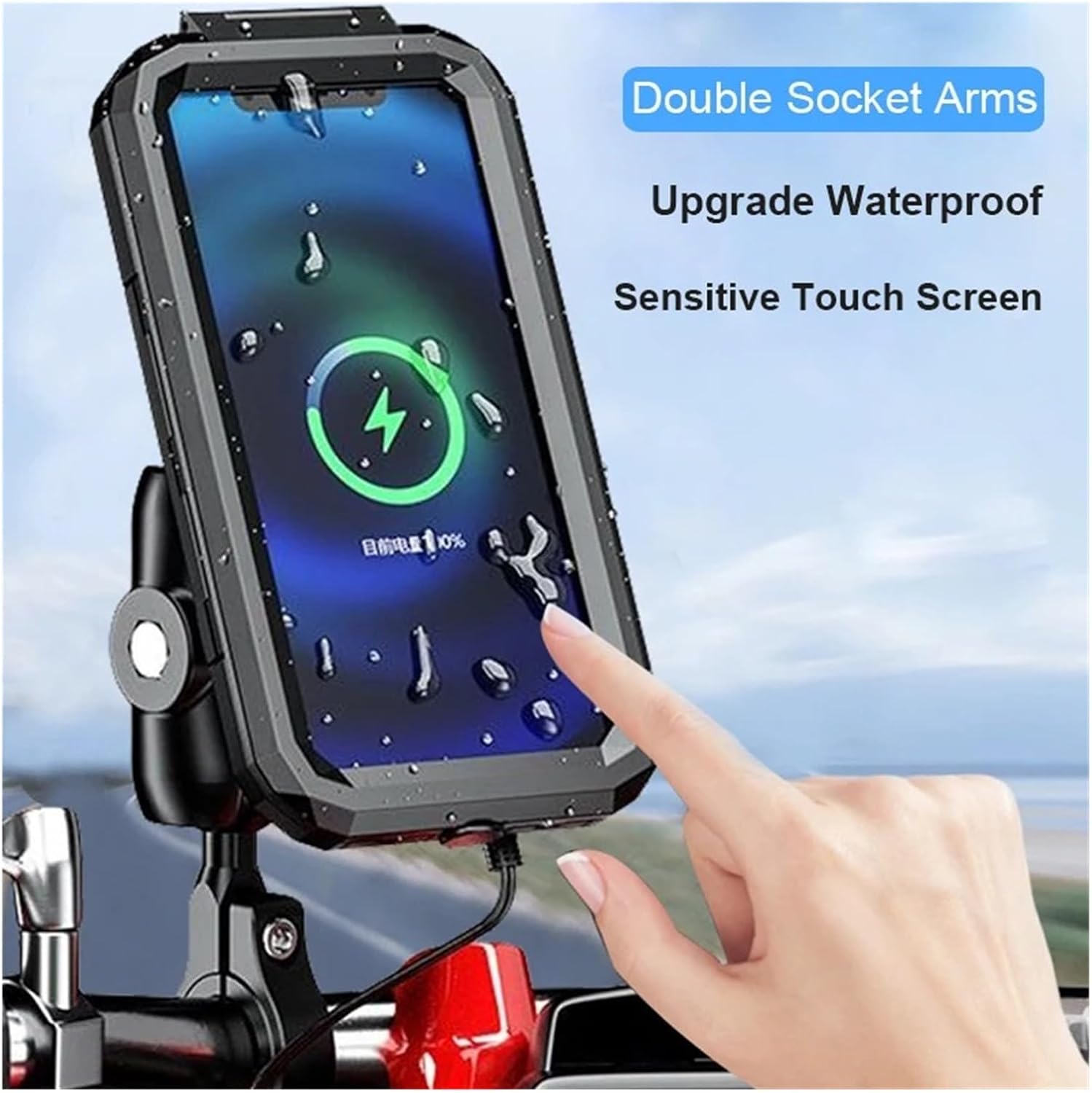 Waterproof Motorcycle Wireless Charger Phone Mount Qi/USB C 3.0 Cellphone Holder Charge Handlebar Phone Mounts Double Socket Arm(Upgraded Handlebar L)