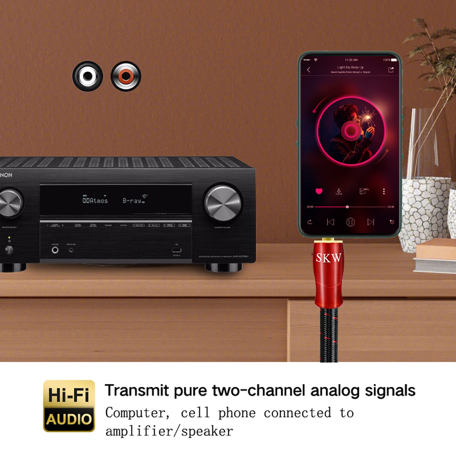 SKW Cavo jack da 3,5 mm a 2RCA, rame OFC - Cavo doppio schermato da RCA a jack per il collegamento di smartphone, tablet o PC all'amplificatore HiFi (2M, rosso)