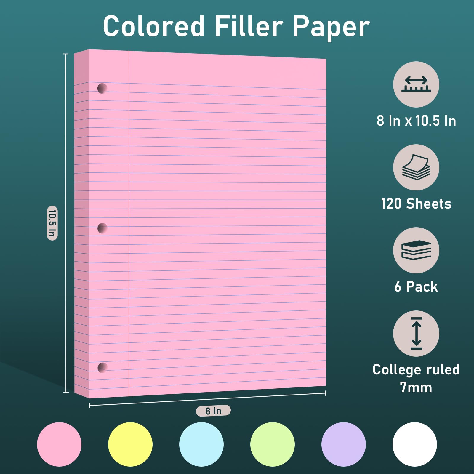720 fogli di carta sfusa, quaderni di carta a righe a 6 colori, 8 x 10,5 fogli di carta a righe universitarie, rilegatura a 3 fori, blocchi per appunti stampati su entrambi i lati, per casa, ufficio