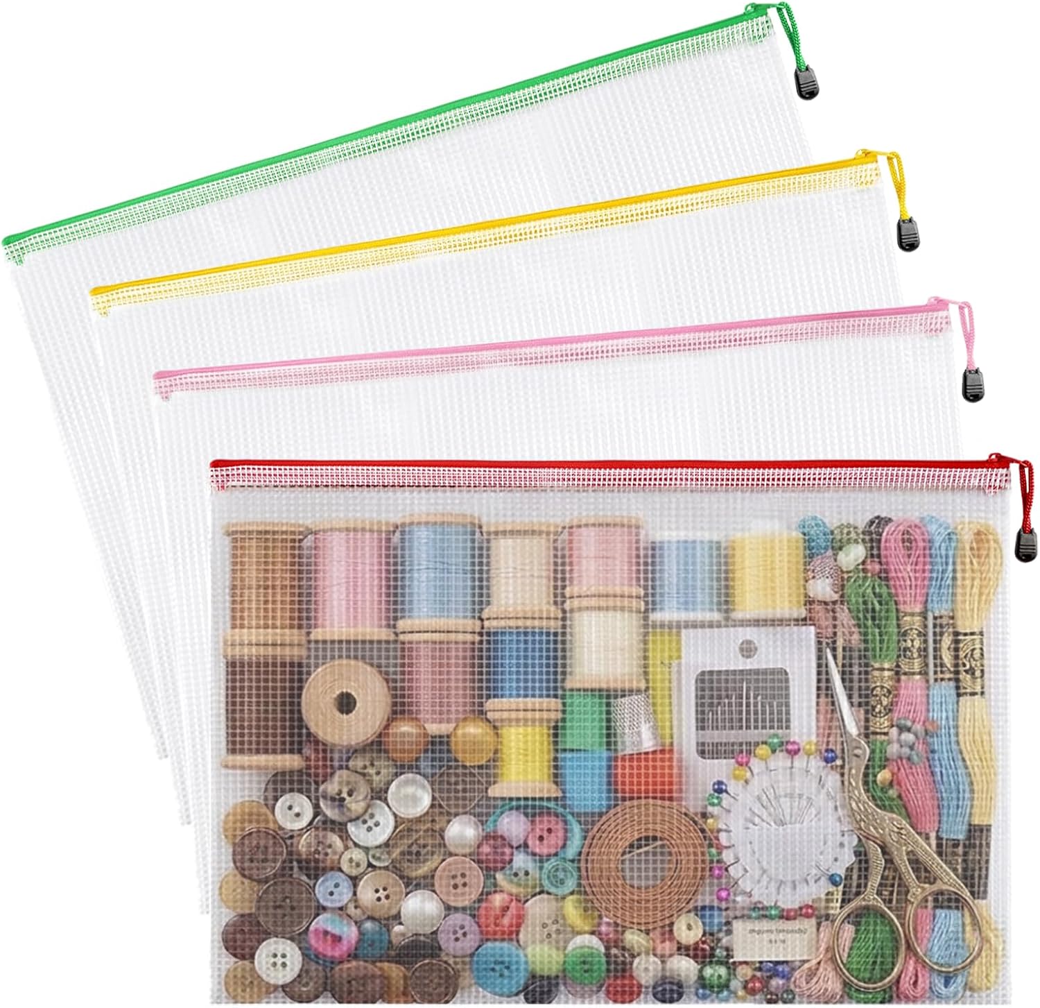 4 Pack Needlepoint Bag, Clear Mesh Sewing Bag with Zipper, 4 Colors, 17x12 Inch, Reusable Embroidery Project Bag, Suitable for Quilting, Knitting, Stitching & Craft Storage, For Sewing Art Enthusiasts