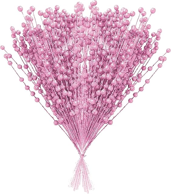 Feizeisun 100 Pack Christmas Tree Picks, Artificial Glitter Berries Stems, Christmas Branches Glittery Twigs Sticks for Christmas Tree Ornaments Vase DIY Wreath Crafts Holiday Home Decor (Pink)
