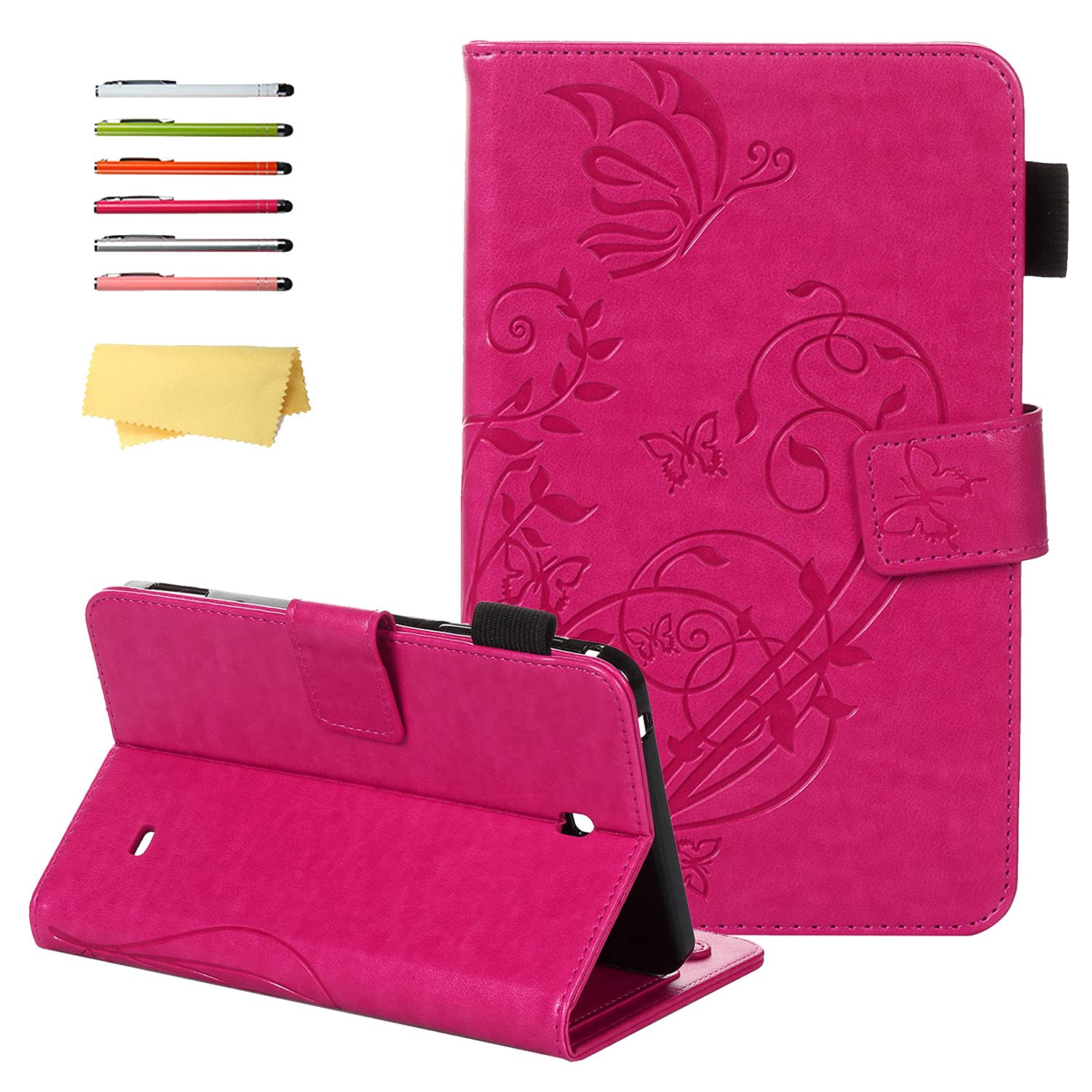 Case for Samsung Galaxy Tab 4 7.0 (SM-T230/ T231/ T235) & Tab 4 7.0" Nook 2014 Cover SM-T230NU with Pencil Holder Pockets Embossed Flower PU Leather Folio Stand Cover, Rose Butterfly Leaves