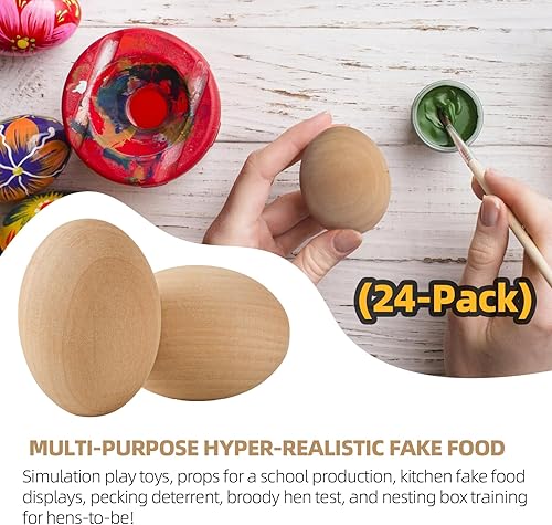 Miniatura 9 de CALPALMY 24 huevos de madera de tamaño real, huevos de Pascua falsos reutilizables para pintar, decorar, manualidades, juego de simulación