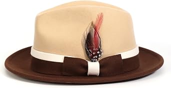 Two-Tone Fedora Hats for Men - Wool-Feel Classic Design with Contrasting Band & Feather Accent Fedora Hat | H-101