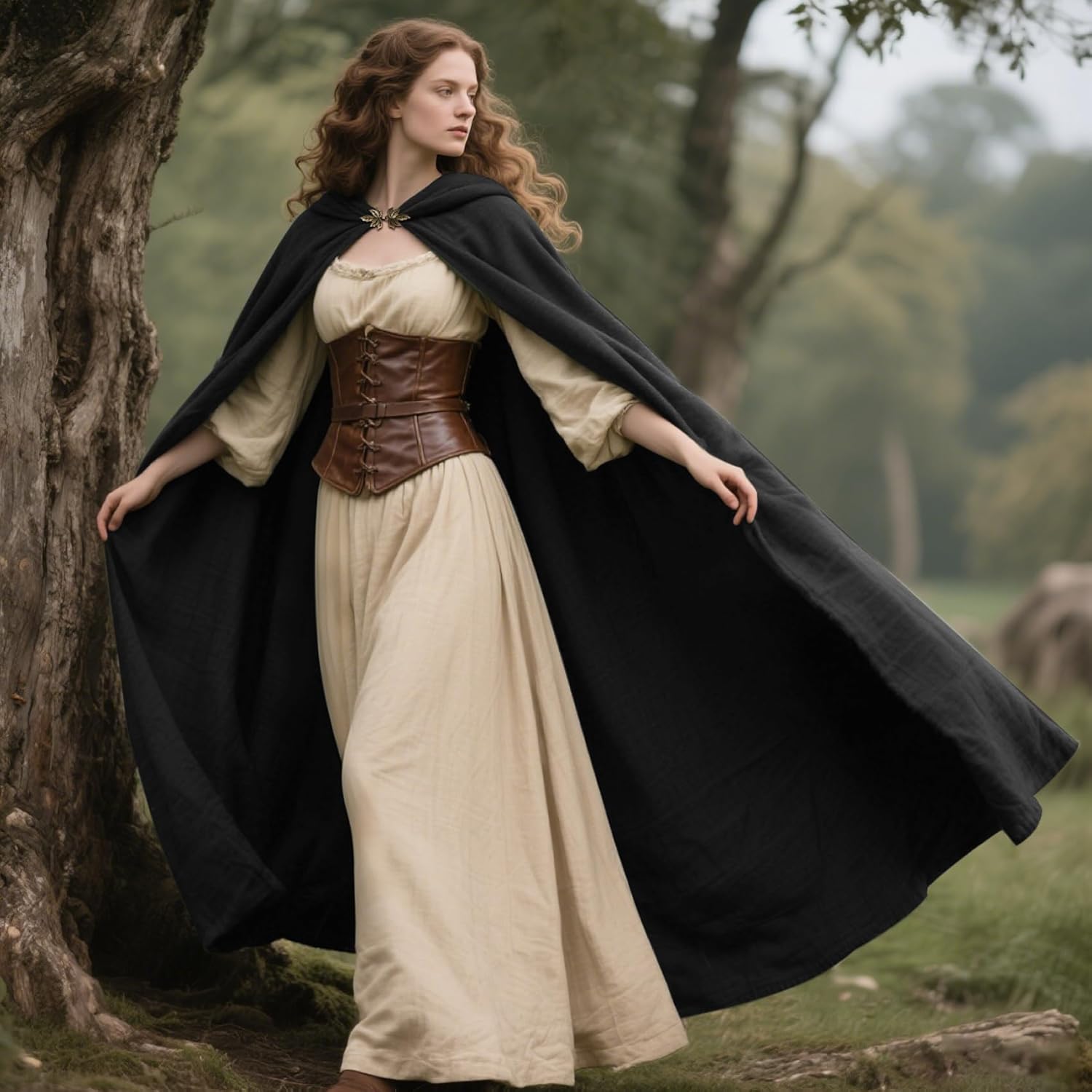 L'VOW Medieval Hooded Cloak Renaissance Cape with Hood Halloween Sorcerer Cosplay Hobbit Costume - Image 6