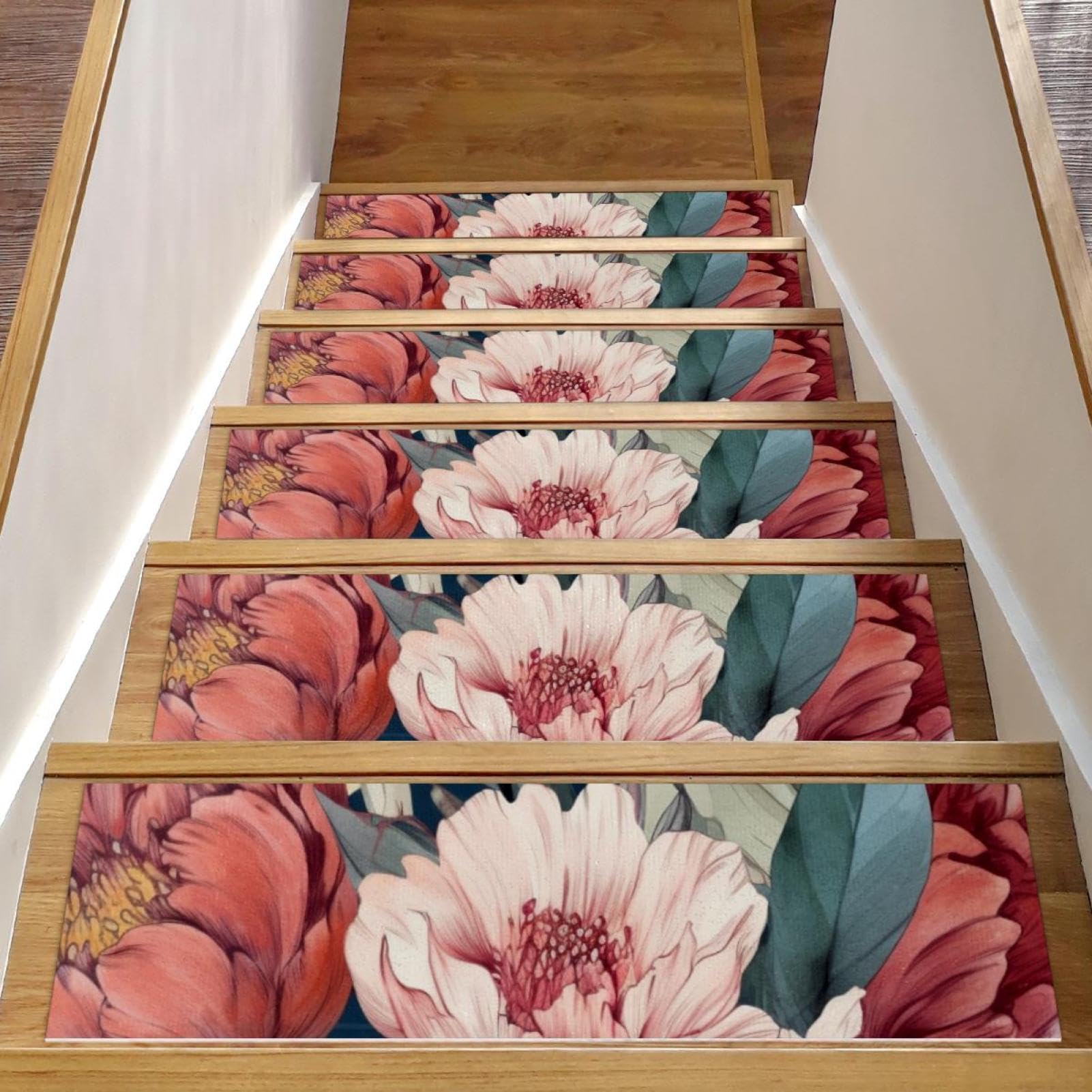 Tapis d'escalier pour marches en bois intérieur antidérapant floral 15x