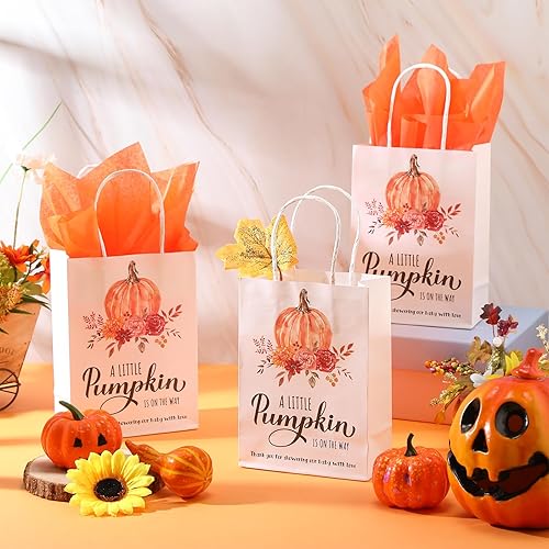 Miniatura 5 de Cholemy Juego de 25 bolsas de regalo de calabaza con texto en inglés "A Little Pumpkin Is On The Way", con papel de seda, regalo de otoño, dulces