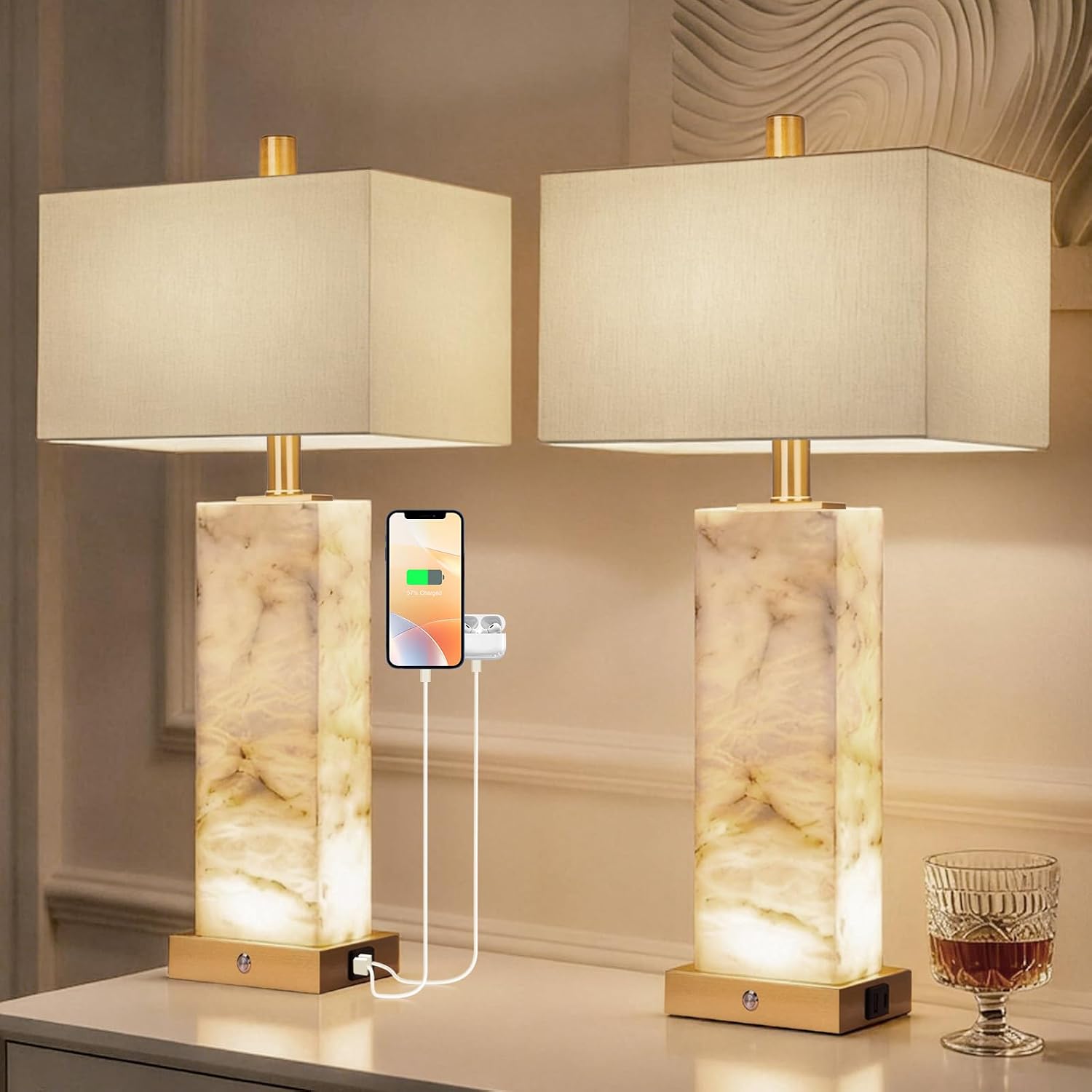 25.6" Alabaster Lamp, Marble Nightstand Lamps Set of 2 with Charging Ports