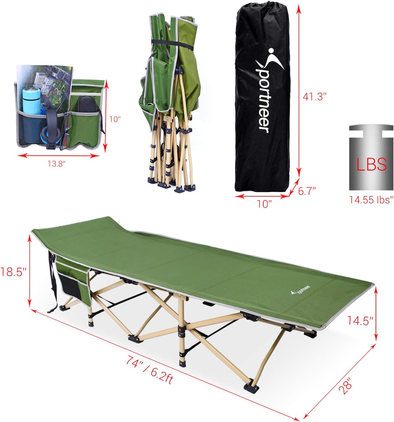Sportneer Camping Cot, Max Load 450 LBS, 2 Side Large Pockets Portable Folding Camp Cots Wide Sleeping Cot Bed with Carry Bag, for Adults, Teen, Camping, Beach, BBQ, Hiking, Backpack, Office (Green) : Sports & Outdoors