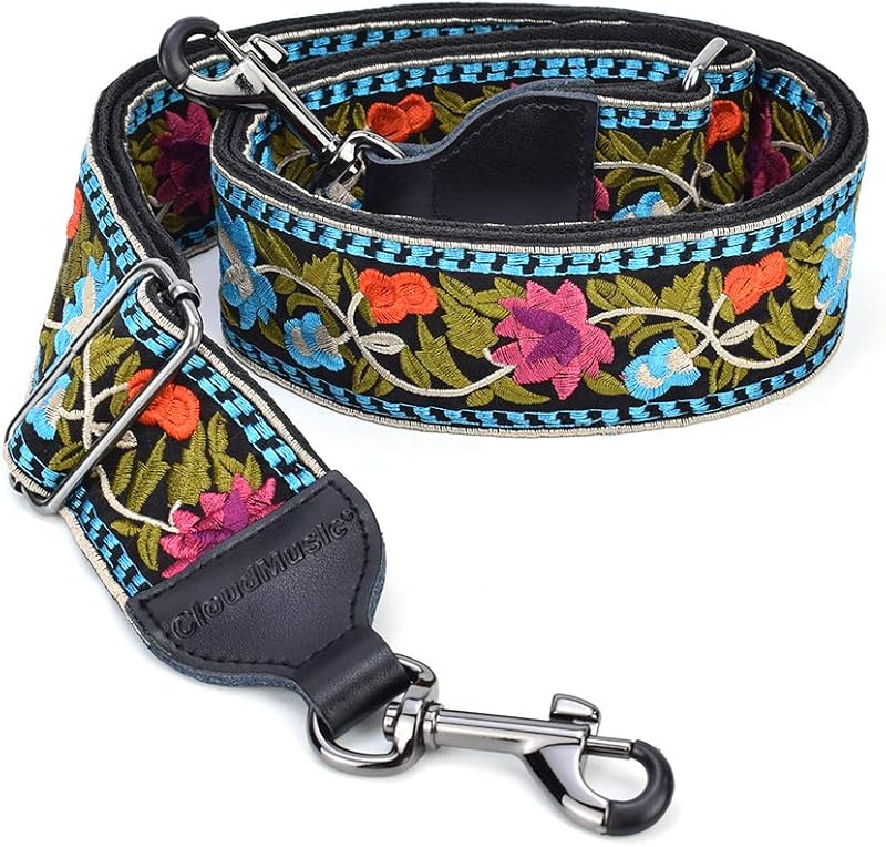 Banjo Strap Guitar Strap, Blue Pink Flower | For Handbag Purse, Jacquard Woven, Leather Ends, Metal Clips