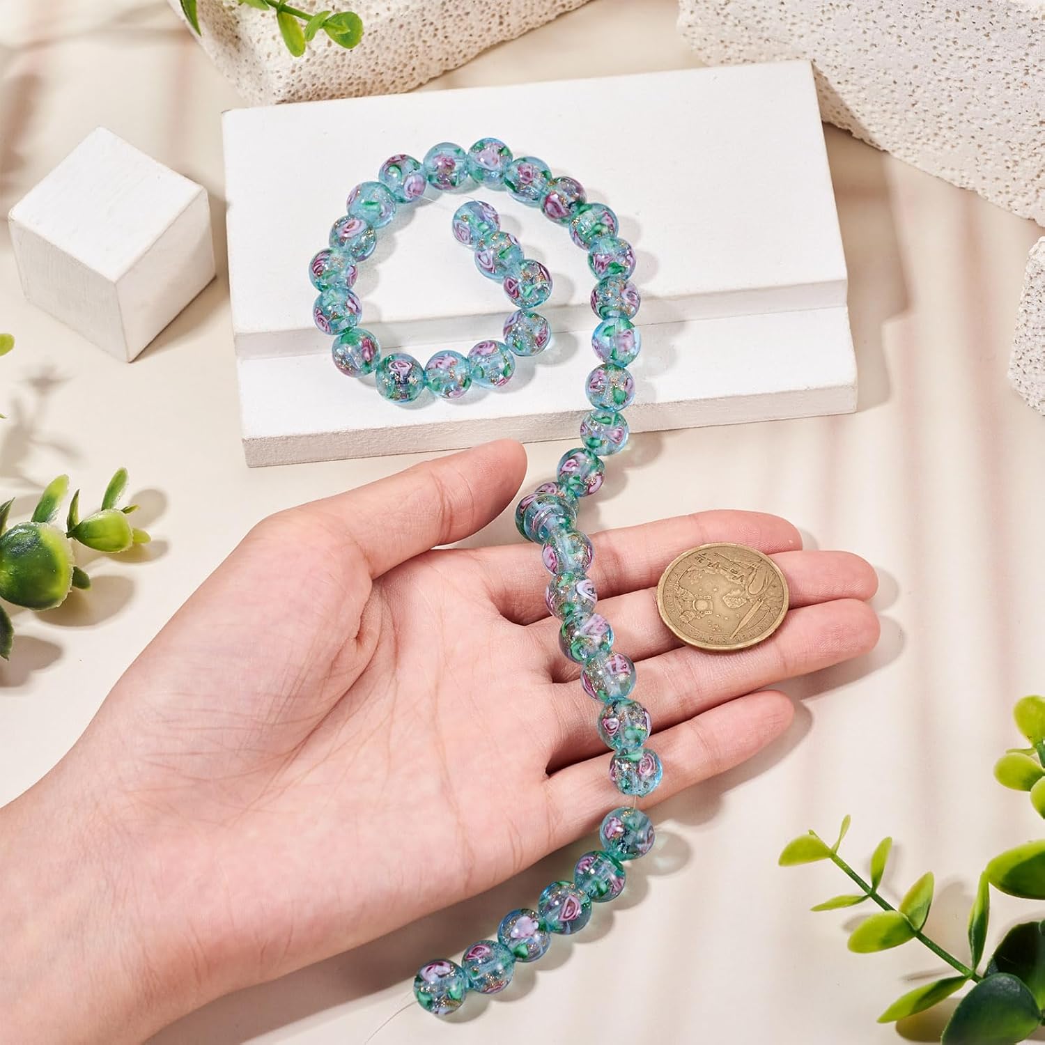 Cheriswelry 40Pcs/Strand Rose Flower Lampwork Beads 10mm Handmade Gold Sand Glass Beads Round Loose Spacer for DIY Bracelet Necklace Earring Rosary Jewelry Crafts (Pale Turquoise) - Image 5