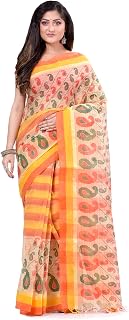 Women`s Bengal Tant Kolka Print Design Pure Handloom Cotton Saree Without Blouse Piece 5.6 Mtr Pink Yellow