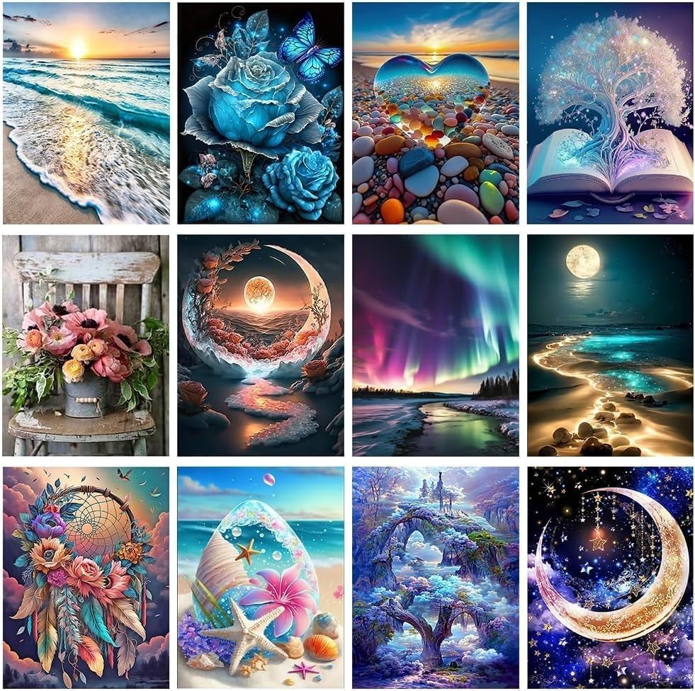 Mystara 12 Pack Diamond Painting Kits for Adults,Landscape Moon Diamond Beach Painting Set for Gift Home Wall Decor - 5D DIY Craft Kit with Diamonds(Modern-3)
