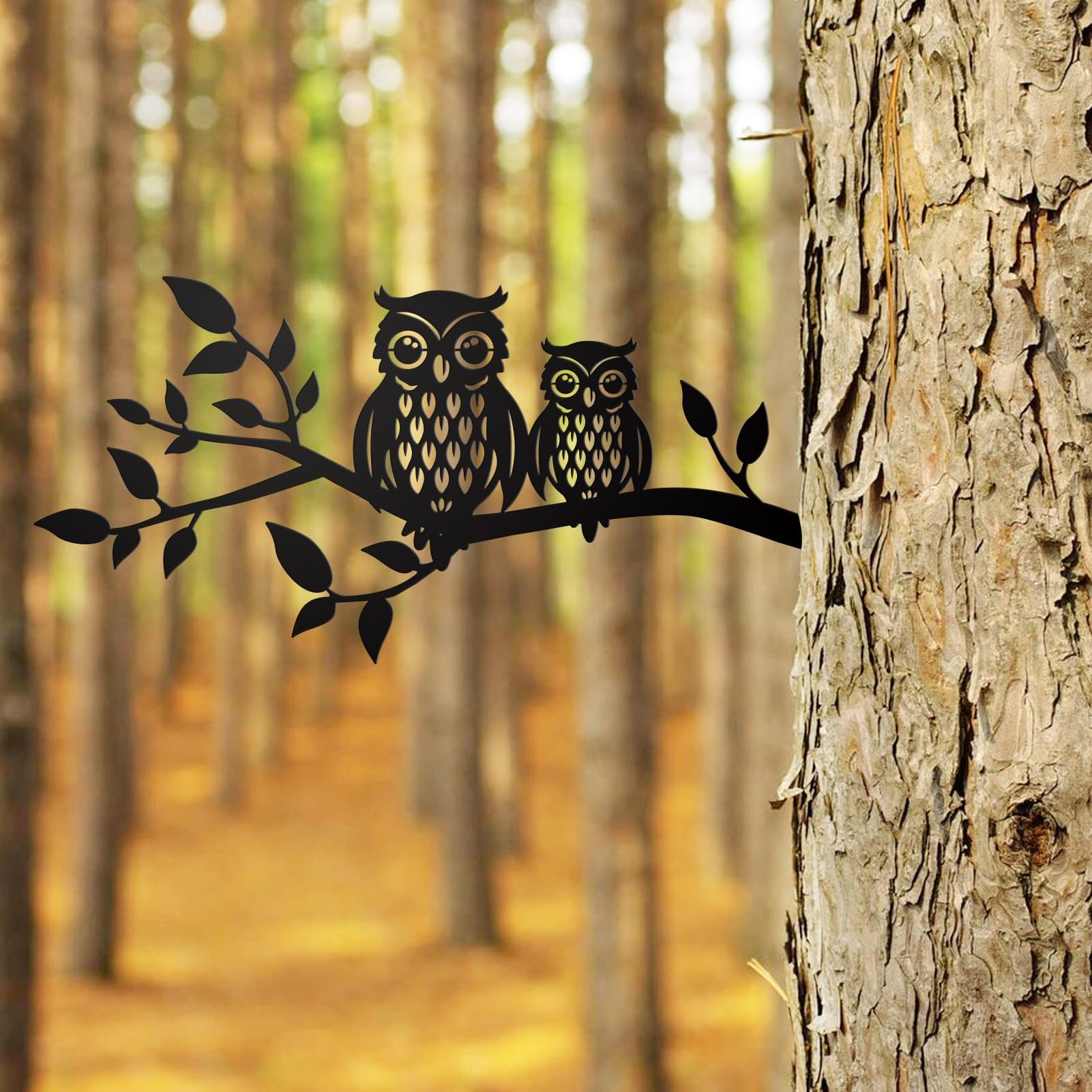Metal Owl Wall Art Decor, 2 Owls on Tree Branch Black Iron Silhouette — image 1