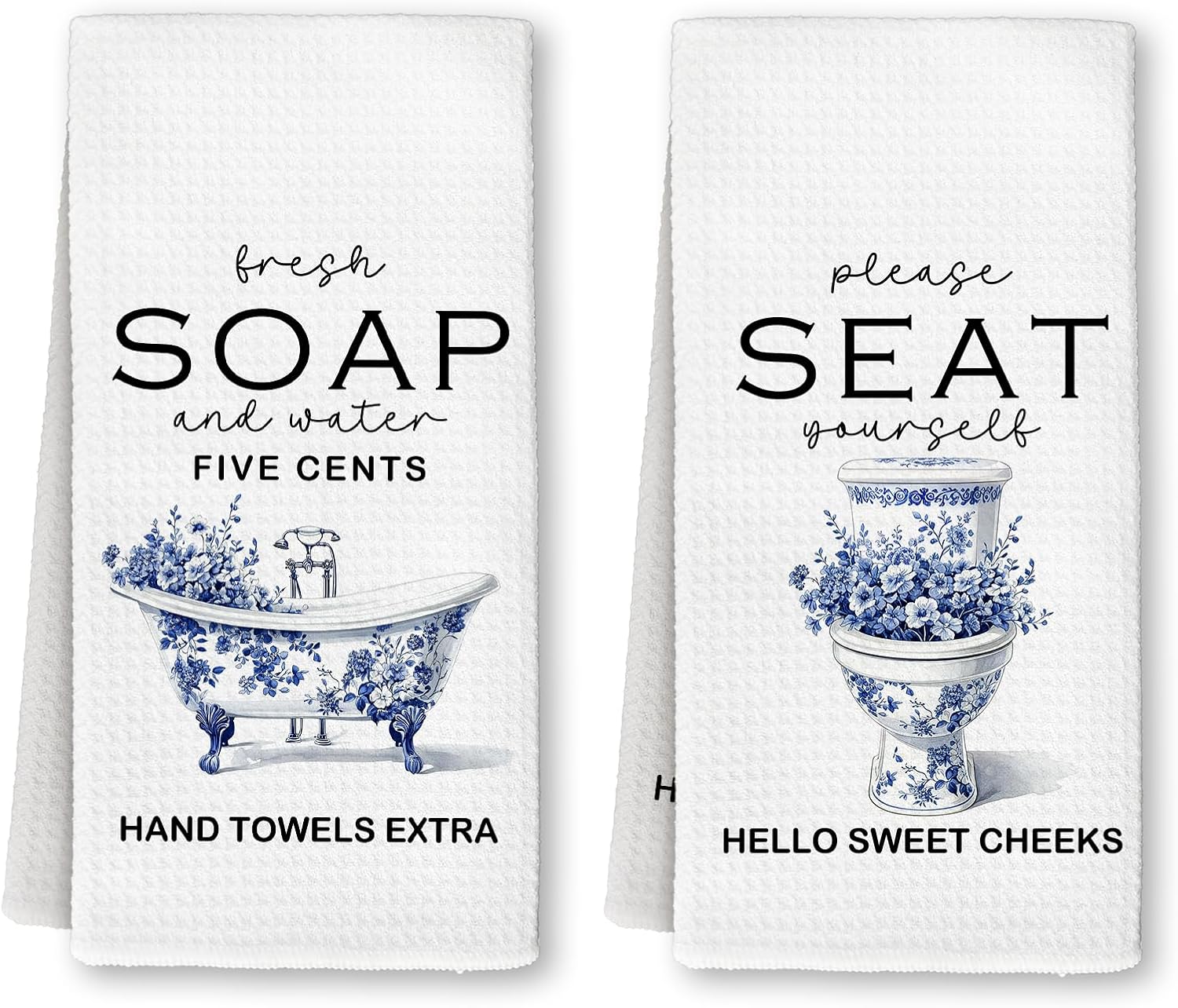 Funny Chinoiserie Bathroom Hand Towels, Blue and White Chinoiserie Floral Bathtub Toilet Decorative Hand Dish Towels for Washroom, Funny Bathroom Accessories Decor, 16x24 Inch Set of 2