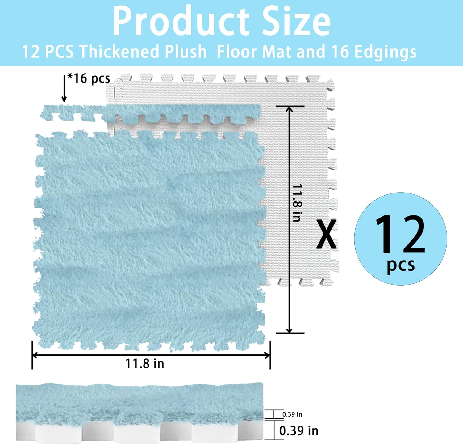 12 PCS Thickened Plush Interlocking Floor Mat Fluffy Square Tiles with 16 Edgings Soft Anti-Slip Puzzle Area Rug for Room (Sky Blue)