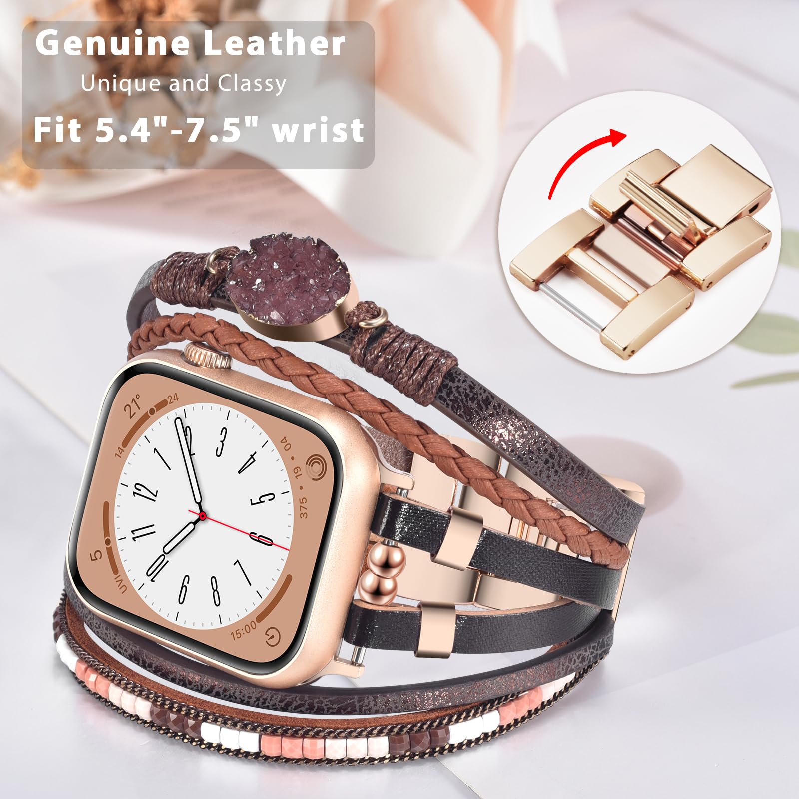 NEW Boho Gold/Black Leather Multilayer Apple Watch Band GOLD APPLE WATCH BAND- THE BOHO GLAM – Copper Robin main image 2