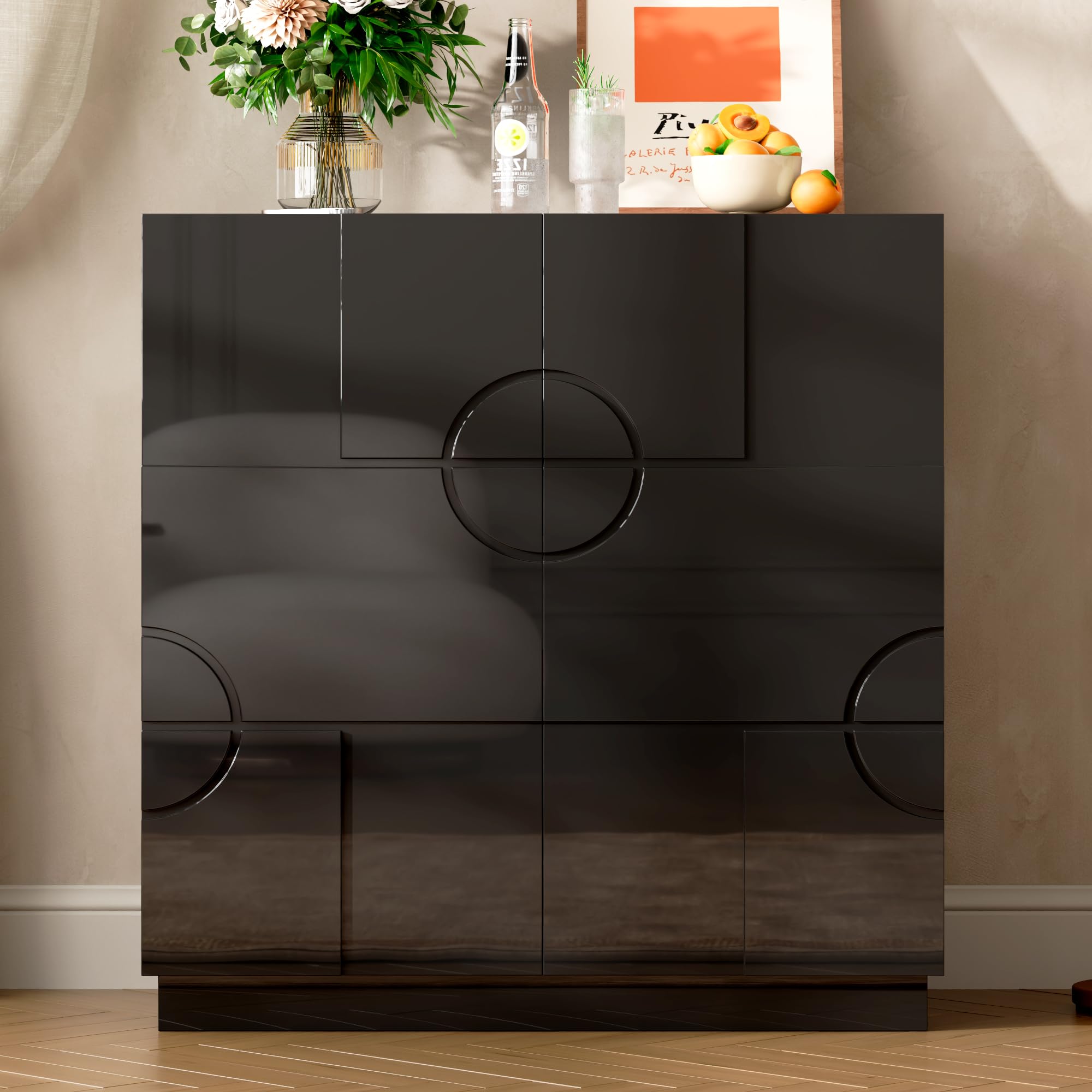 LVSOMT Moderne Sideboard Wohnzimmer, 85cm Hoch Buffetschrank Holz | Kommode mit 2 Türen,Verstellbares Regal,Geometrisches Musterdesign,Schrank Für Esszimmer Schlafzimmer Flur, Schwarz Hochglanz