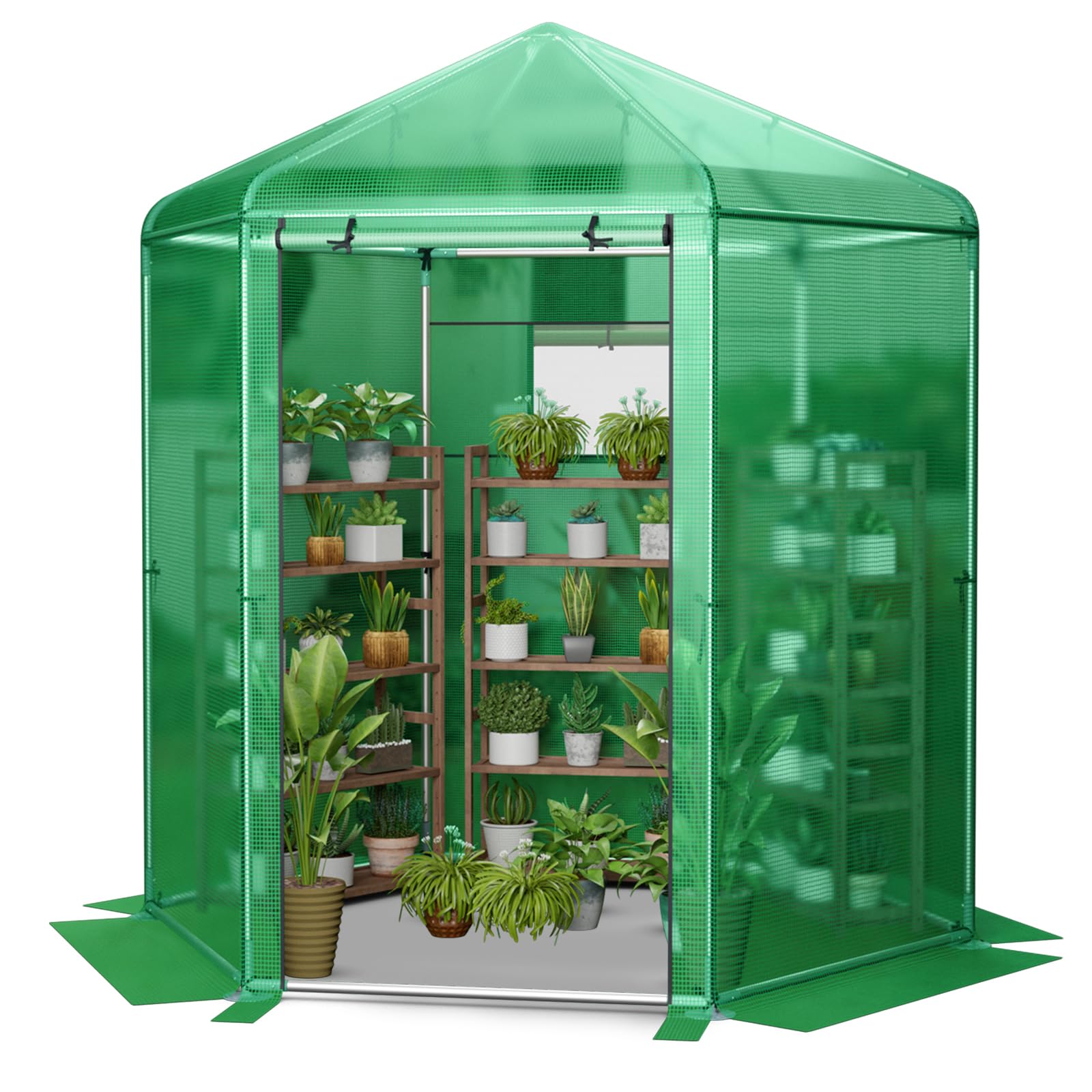 GiantexUK Walk In Greenhouse, Steel Frame Hexagon Growhouse with Waterproof PE Cover, Roll-up Mesh Window & Door, Outdoor Gardening Plants House Polytunnel for Patio Backyard (214x183x227cm)