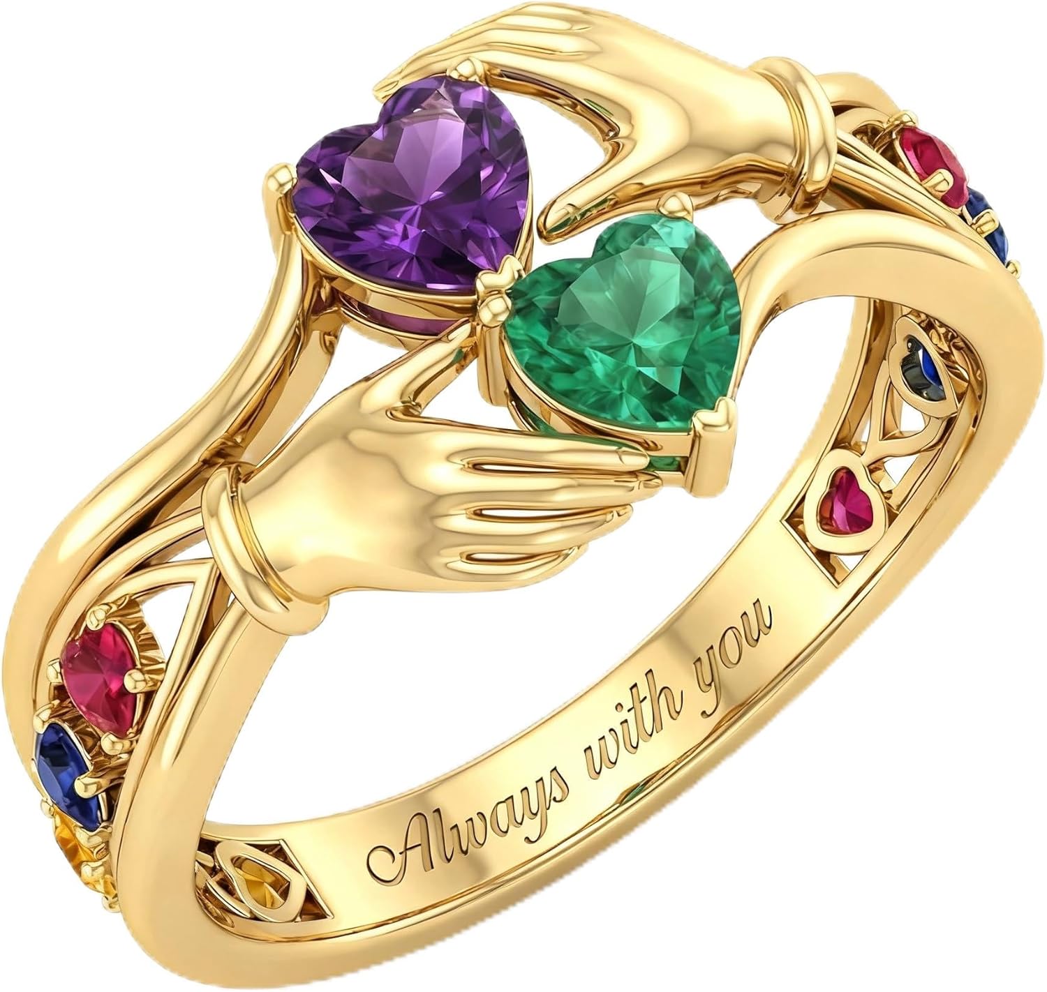 10K 14K 18K Real Gold Birthstone Hug Ring for Women Engraved 2 Birthstone Hugging Hands Ring Valentine's Day Engagement Wedding Gift