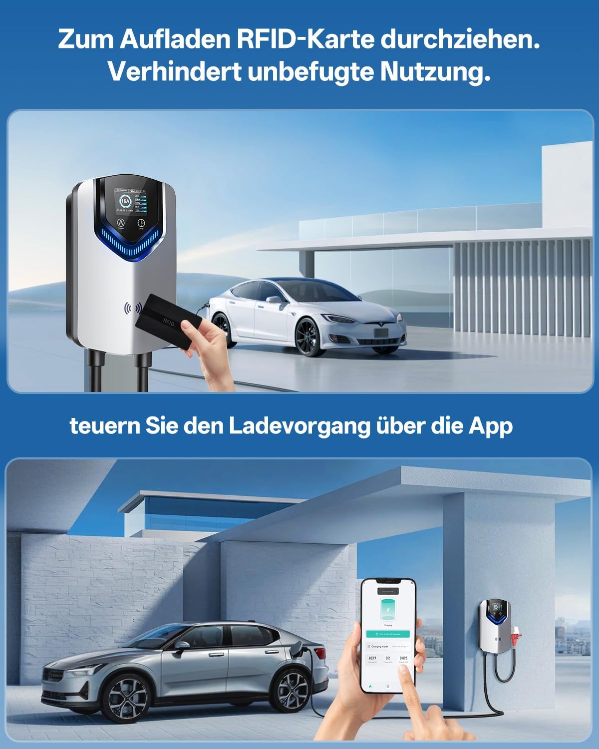 Wallbox 11kW mit APP & RFID – 3-Phasiges Typ 2 EV-Ladegerät 400V, 6–16 A, 8M Kabel mit Kabelhalter – RCD Typ B & IP54,Einstellung Startzeiteffiziente Ladestation für Zuhause für BEV PHEV
