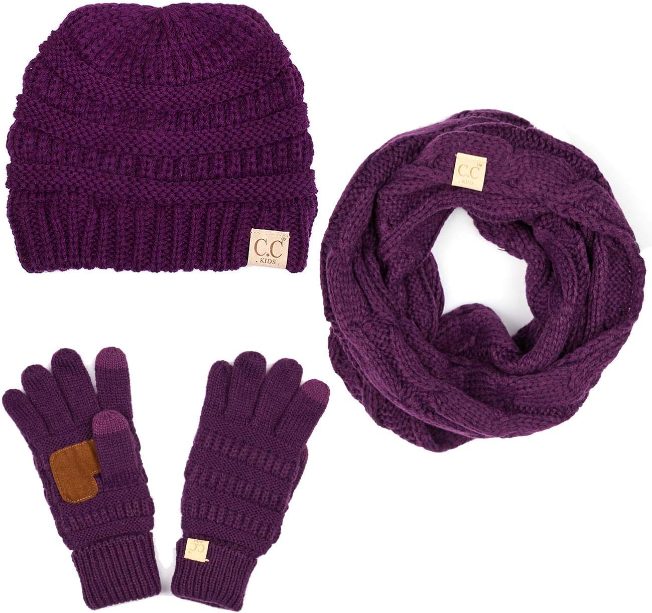 3pc Set Children Kids Trendy Warm Soft Stretch Cable Knit Beanie, Scarves and Gloves