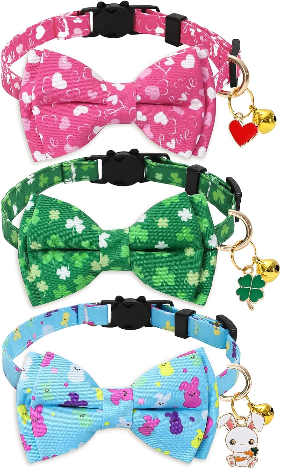 JarThenaAMCS 3Pcs Valentine' s Day St. Patrick' s Day Easter Cat Collars Adjustable Kitten Collar Heart Shamrock Bunny Bowtie Collars with Breakaway Bell Charm for Puppy Small Pet