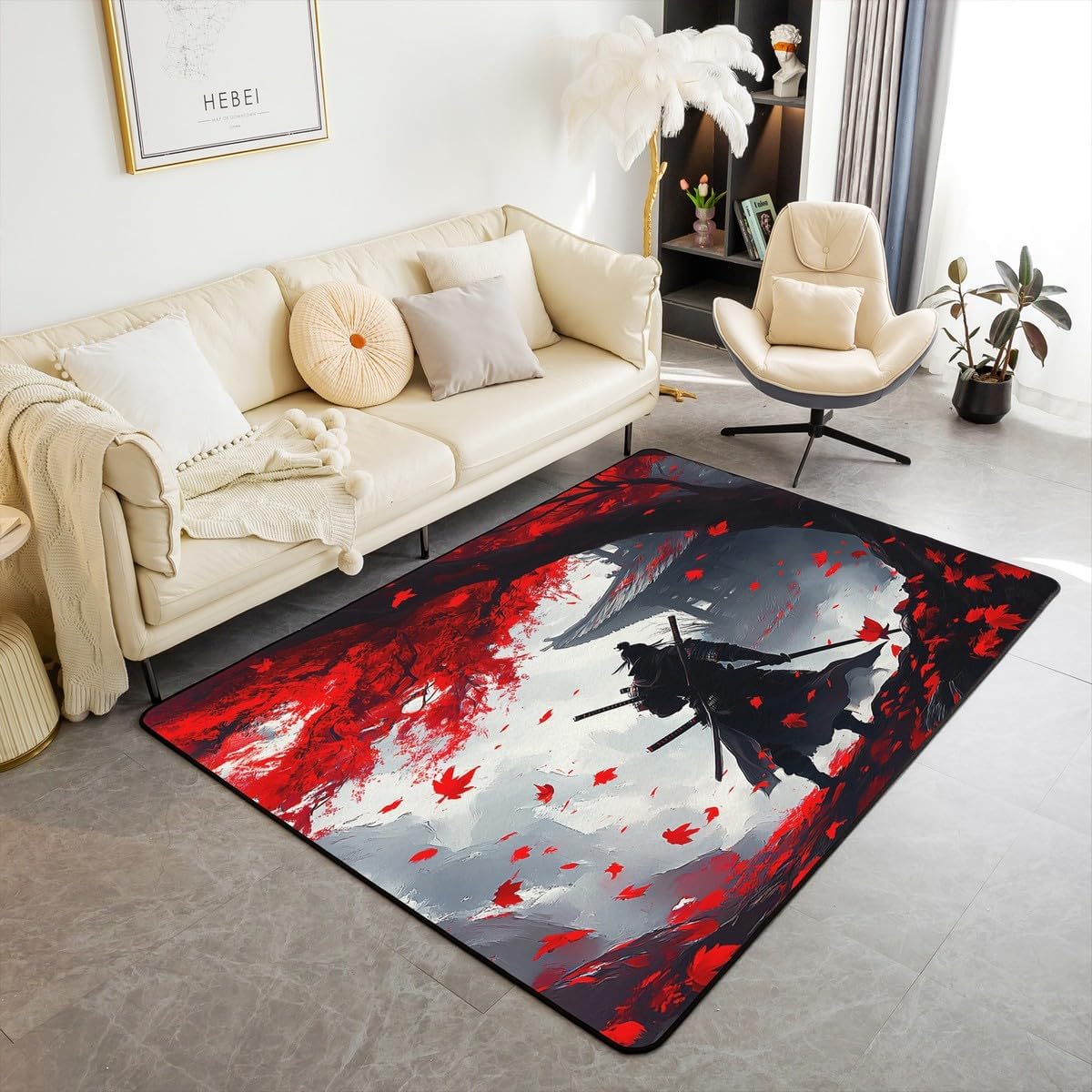 Feelyou Kids Samurai Living Room Rugs Area Rug 5x7, Japanese Style Accent Rug Japanese Ukiyoe Indoor Floor Mat Boys Girls Sunset Teens Decorative Rug Decor