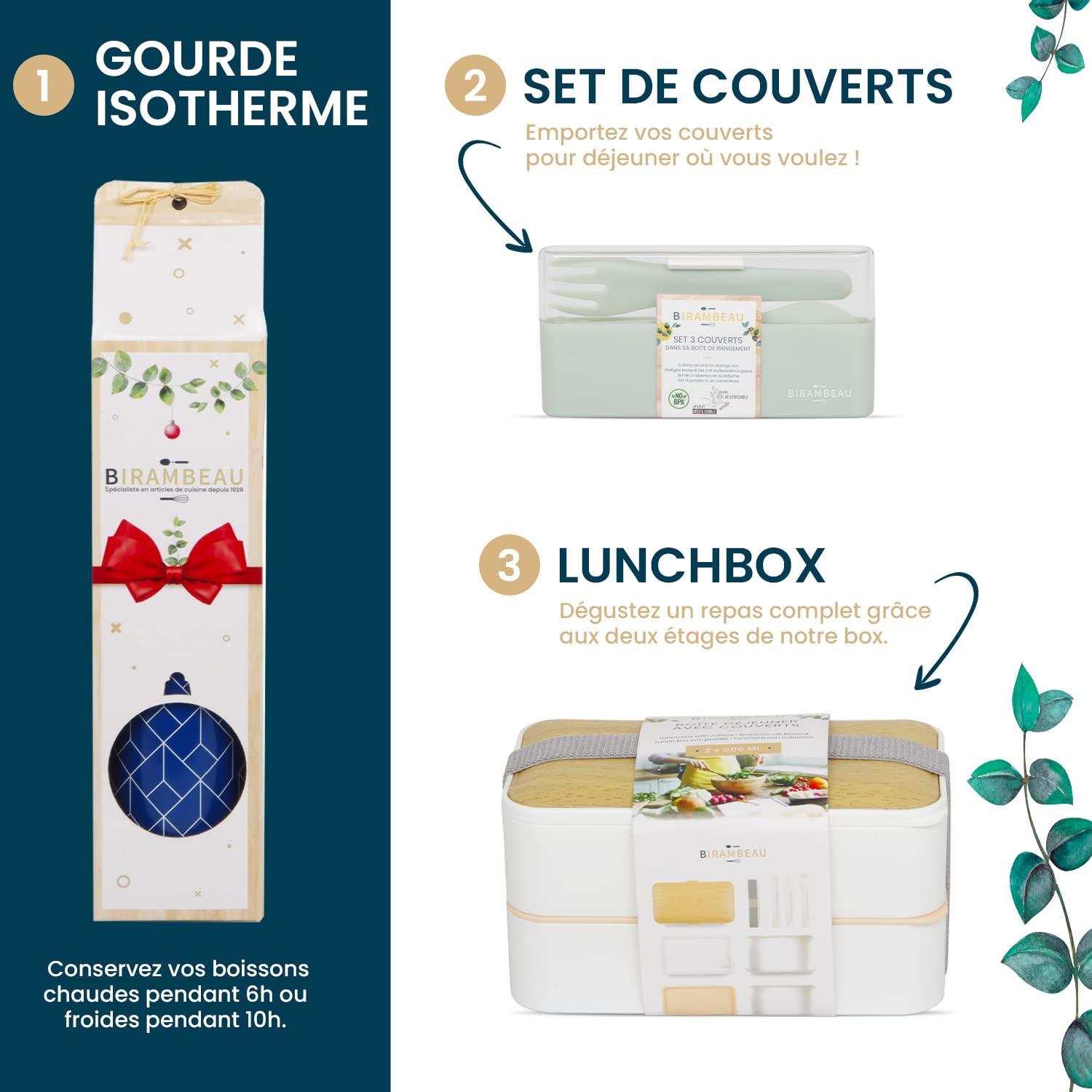 Birambeau – Kit de 7 productos de consumo responsable de cero residuos – Lunchbox – Botella isotérmica – Set de cubiertos reutilizables – Tejidos para envases de alimentos – Idea de regalo de Navidad