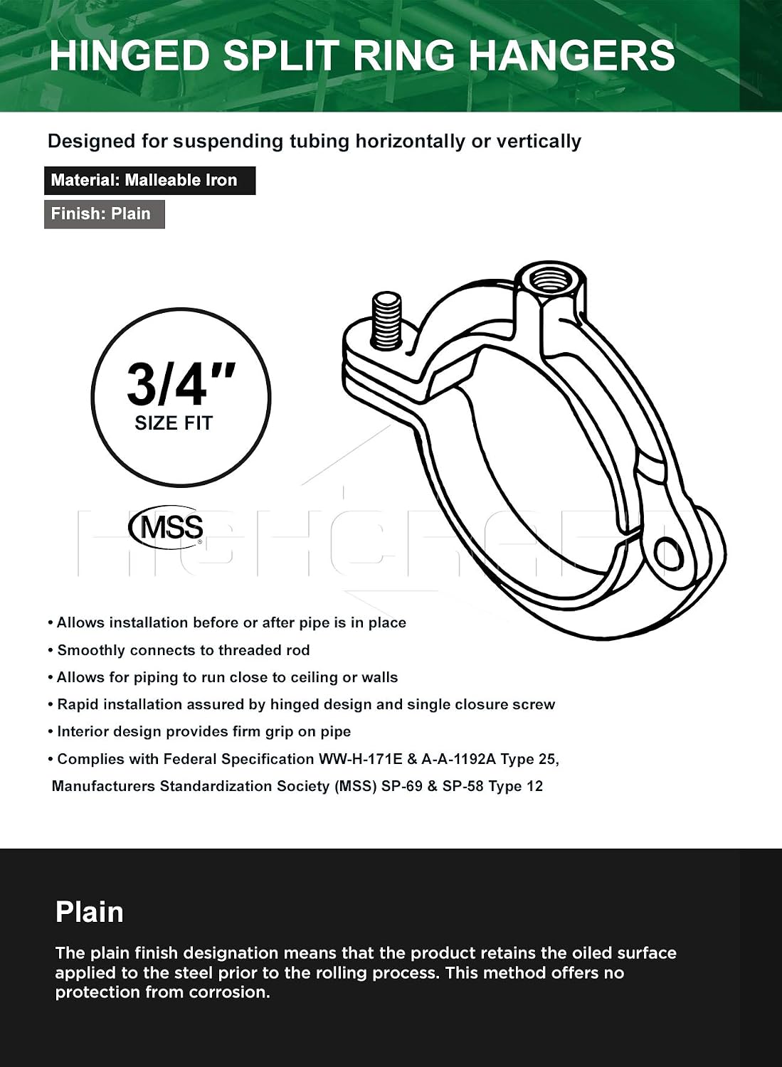 HIGHCRAFT HINGB-34-10 Industrial Decor Hinged Split Ring Pipe Hanger 3/4 in. Malleable Iron, with 3/8 in. Rod Fitting, Vintage Mounting Bracket for Tubing, Shower Curtain, Tiki Torch (10 Pack)