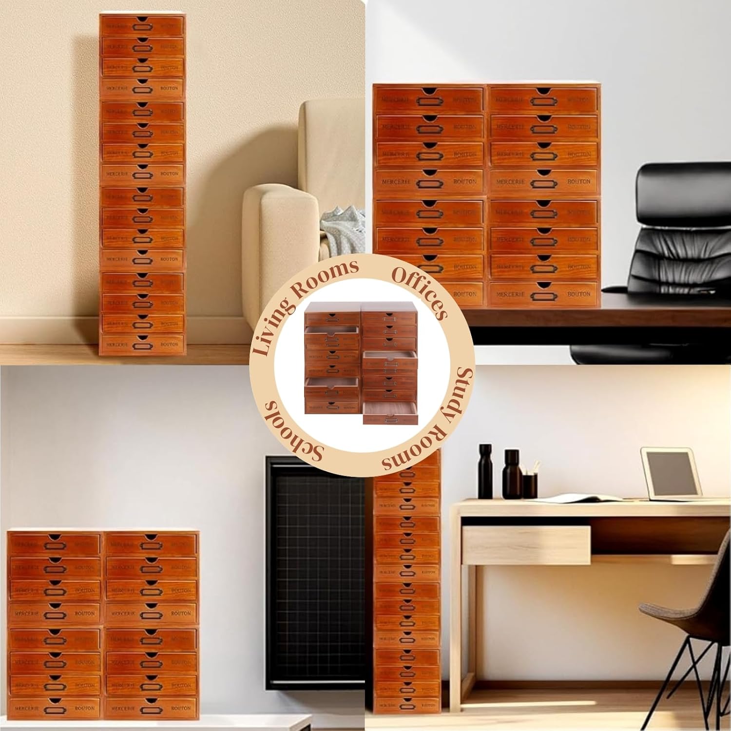 16-Drawer Wooden Desk Organizer Storage Box with Label Holders Vintage Wood Desktop Organizer, Desk Drawer Unit Collectors Box for Living Rooms, Bedrooms, Offices (Brown, 4PCS, 16 Drawers)