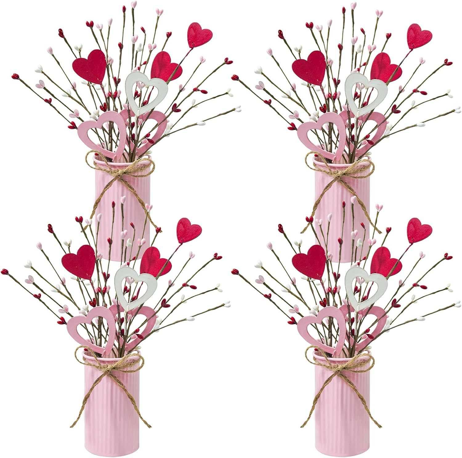 4 Sets Valentine's Day Table Centerpiece Red Pink White Wood Heart Berry Stems Picks with Metal Pot Artificial Valentine Flowers Floral Arrangement for Wedding Party Fireplace Decor