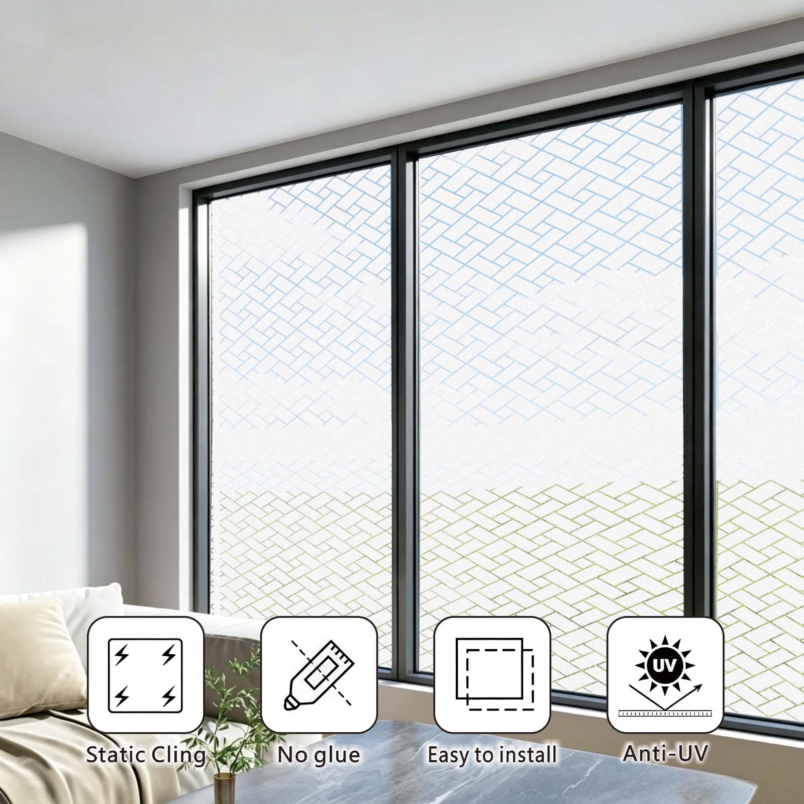 Pellicola Smerigliata 30 x 1560 cm con Protezione Uv, Senza Colla Statica, Controllo Del Calore, Protezione Privacy, Pellicola Privacy Vetri Finestre per Casa Cucina, griglia obliqua