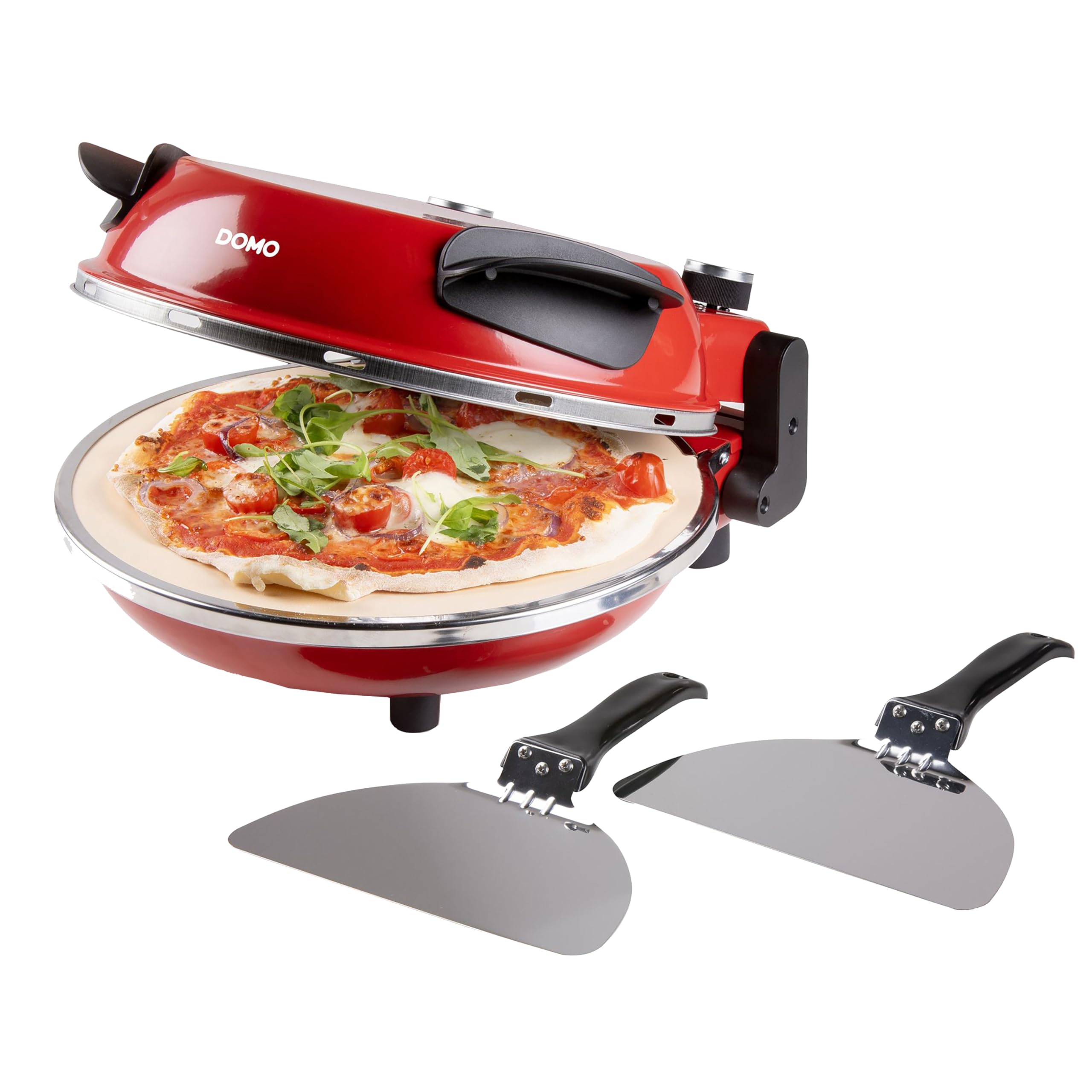 DOMO DO9284PZ Elektrischer Pizzaofen 1200 W – Für frische Pizza – Pizzaofen mit Backstein Ø 32 cm – Temperatur einstellbar bis 400°C – Inklusive 2 Pizzaschaufeln – PFAS-frei